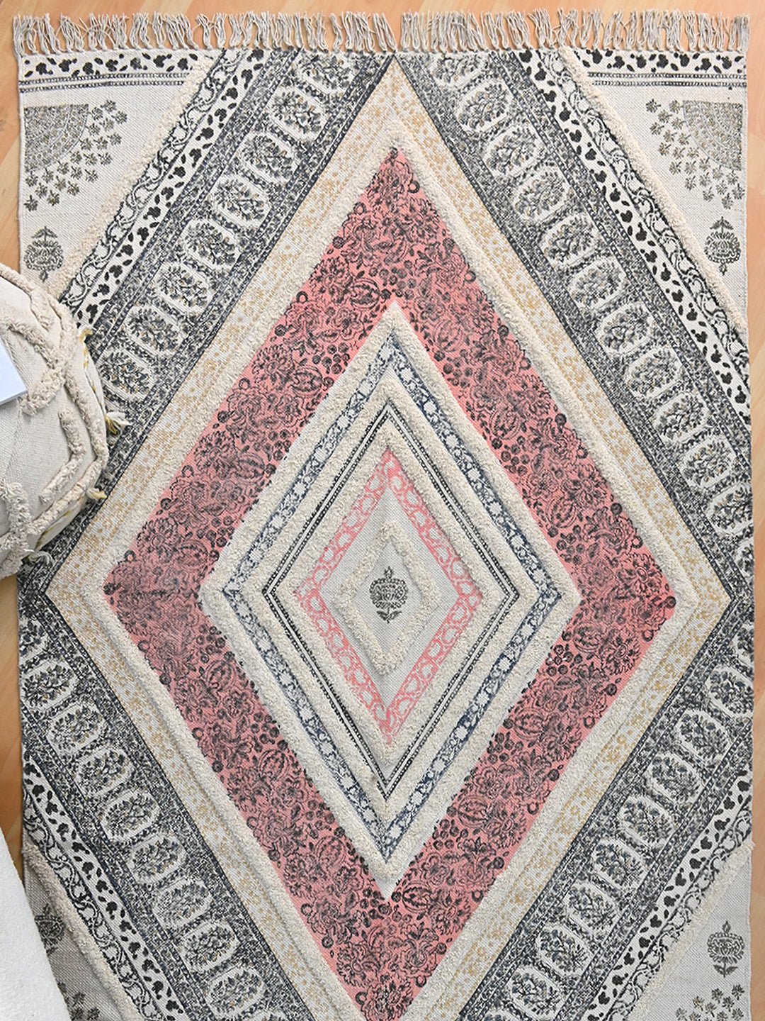 Block-printed cotton dhurrie rug in room setting — Art Avenue