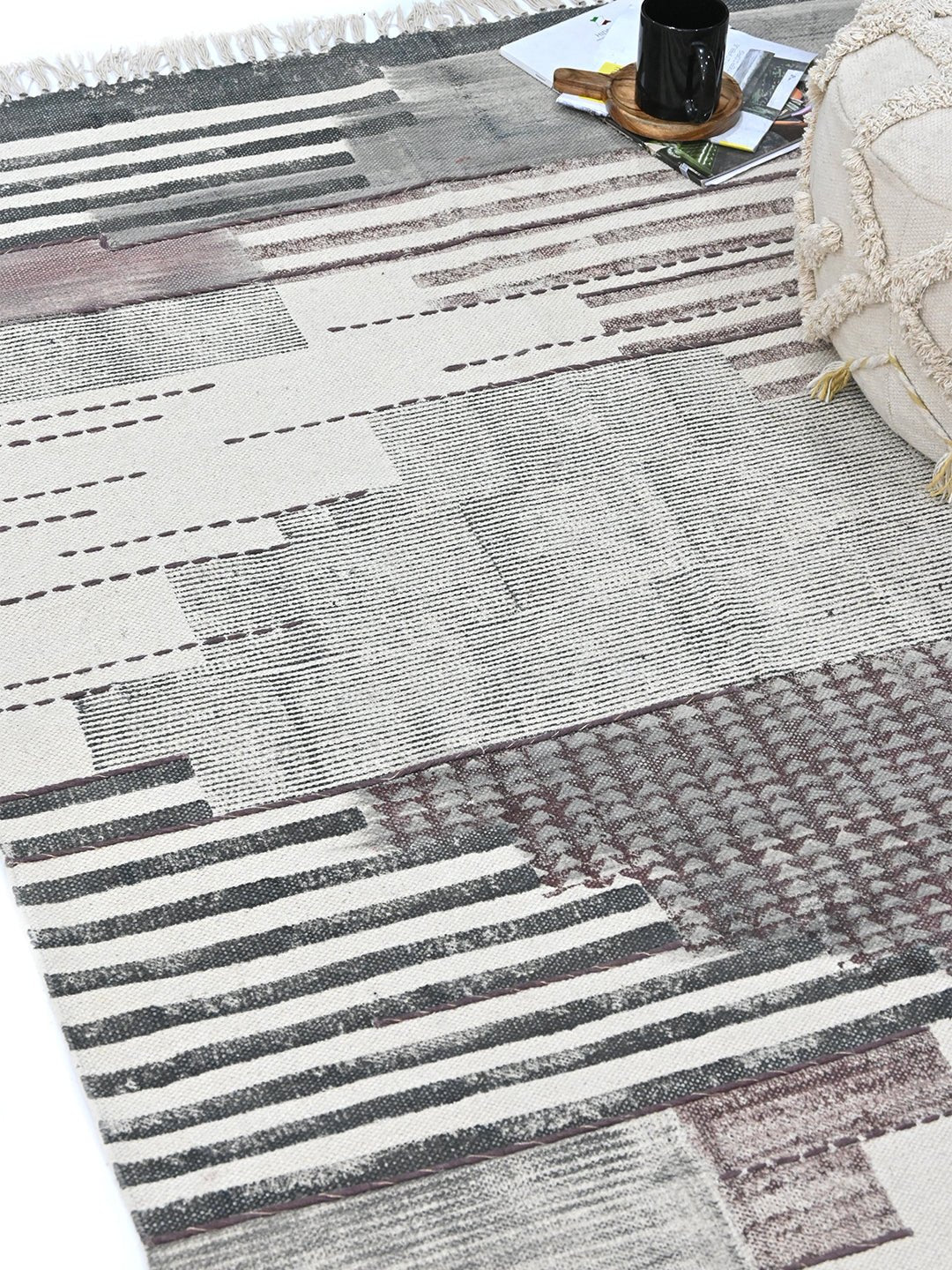 Block-printed cotton dhurrie rug in room setting — Art Avenue