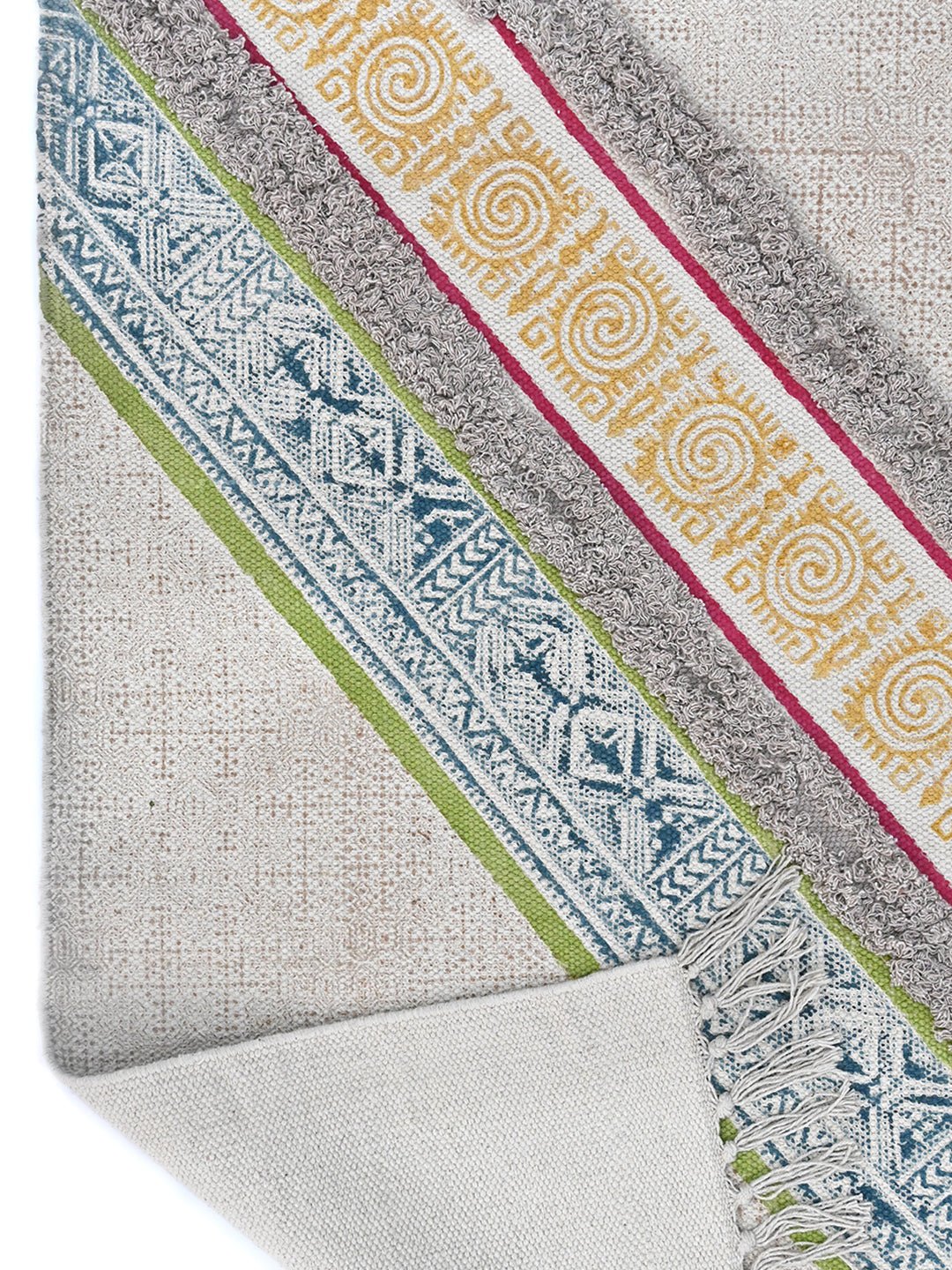 Detail of block-print surface on green cotton dhurrie rug — Art Avenue