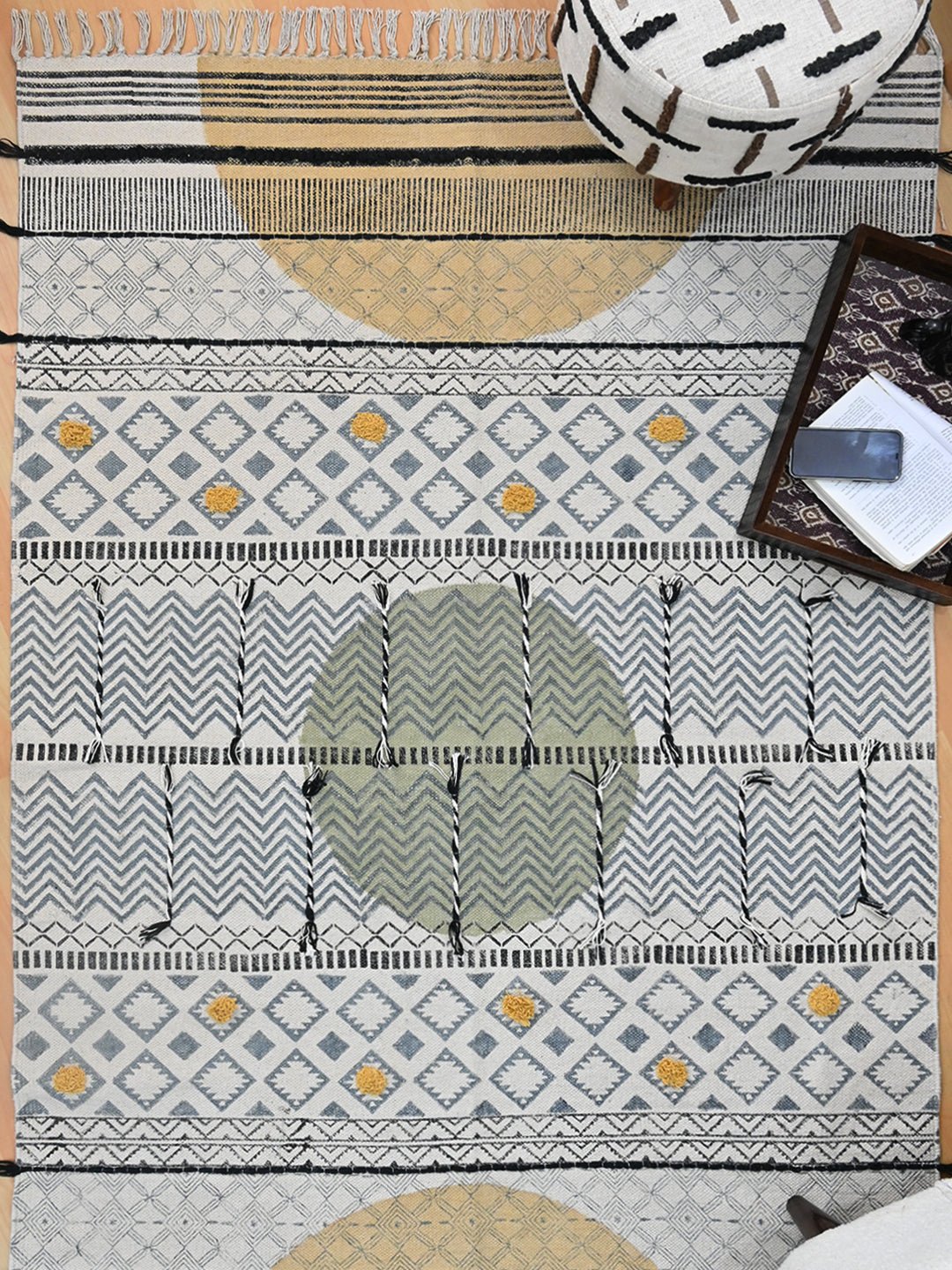 Dignity Block-Printed Cotton Dhurrie Rug in Blue & Green — Art Avenue