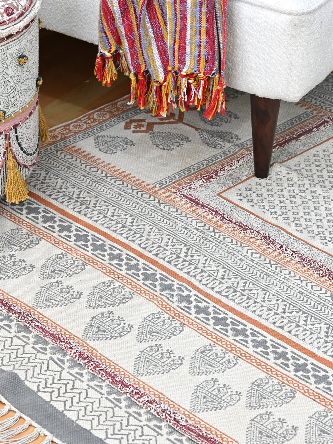 Block-printed dhurrie rug styled in modern interior — Art Avenue