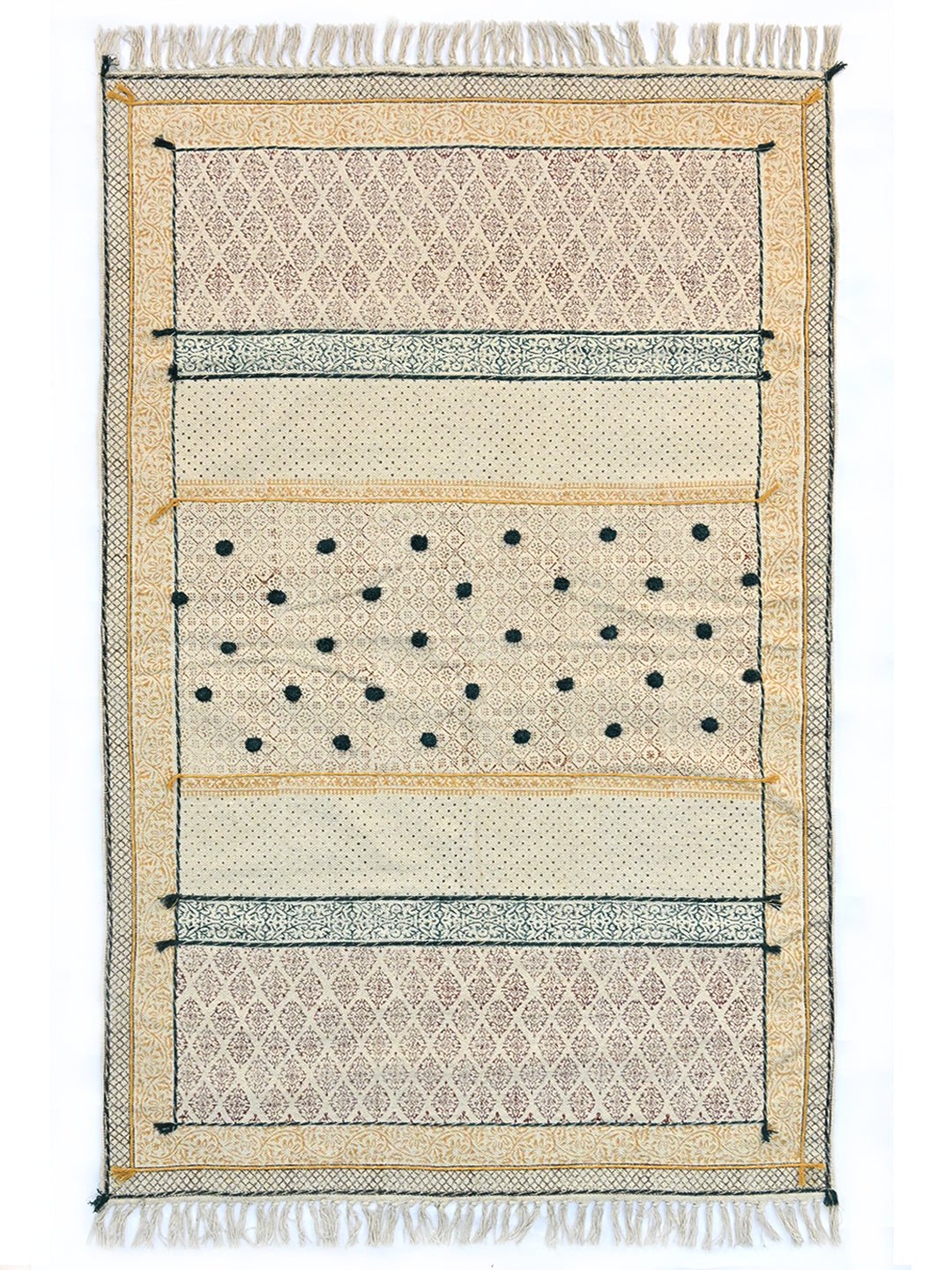 Block-Printed Cotton Dhurrie Rug in Blue, Green & Grey Floral — Art Avenue