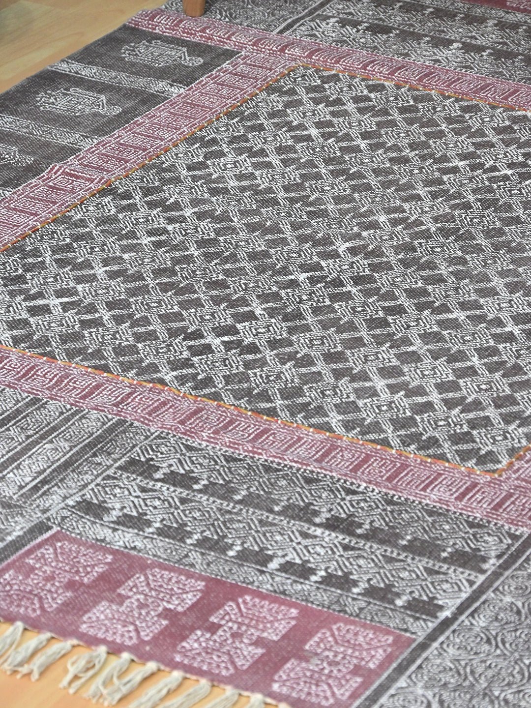 Block-printed dhurrie rug styled in living room — Art Avenue