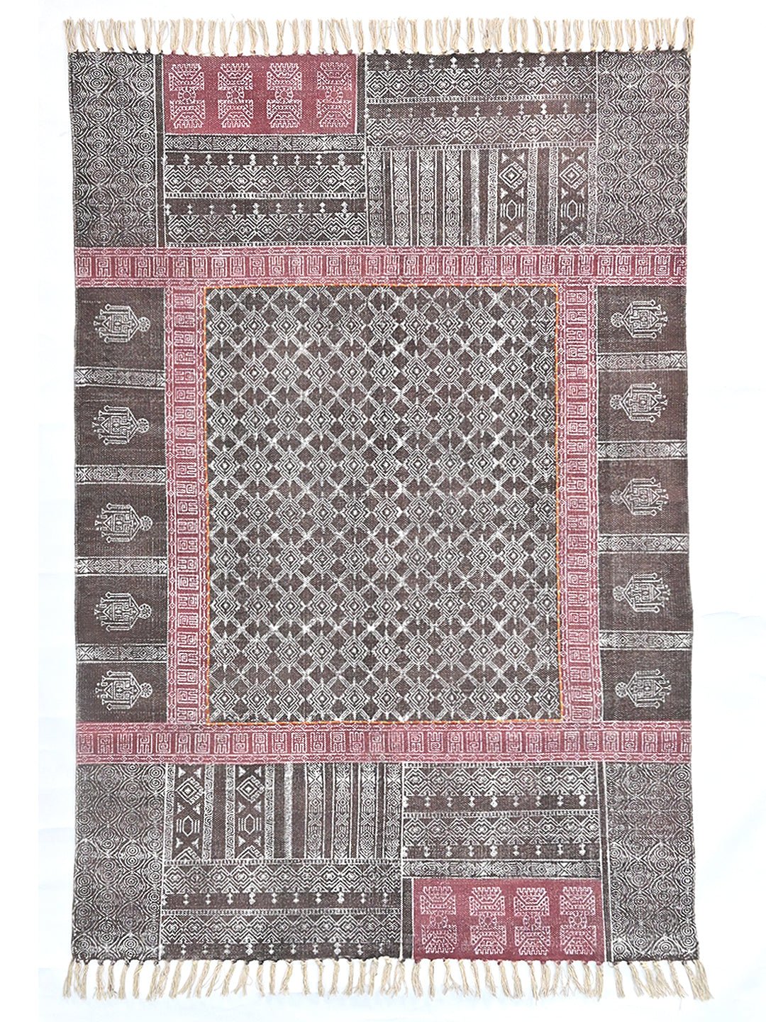 Block-Printed Cotton Dhurrie Rug in Blue, Green & Grey Floral — Art Avenue