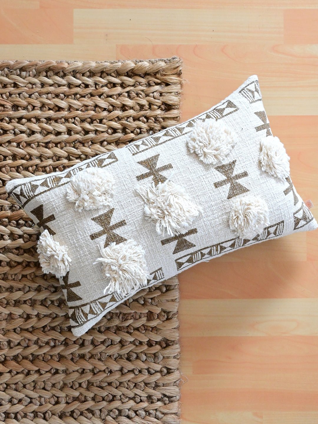 Block-printed shaggy lumbar cushion on sofa — Art Avenue
