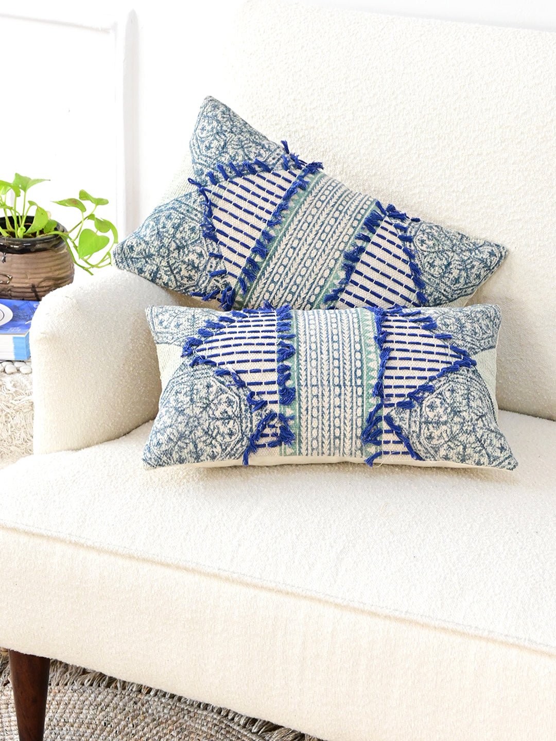 Detail of block-print embroidery on lumbar cushion cover — Art Avenue
