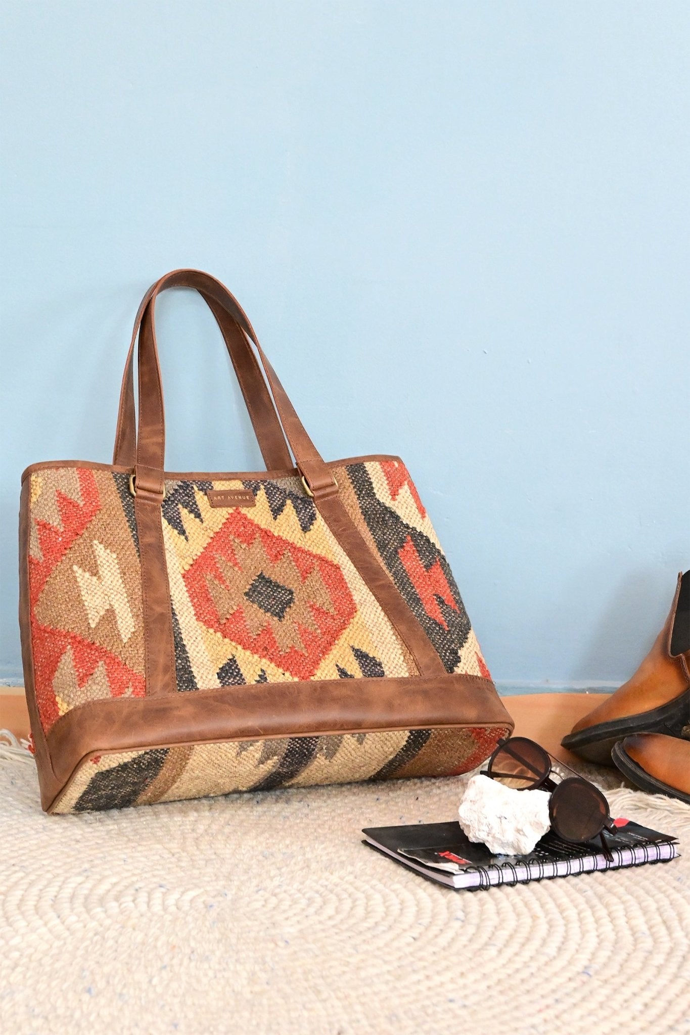 Nymph kilim and leather handbag, alternate view — Art Avenue