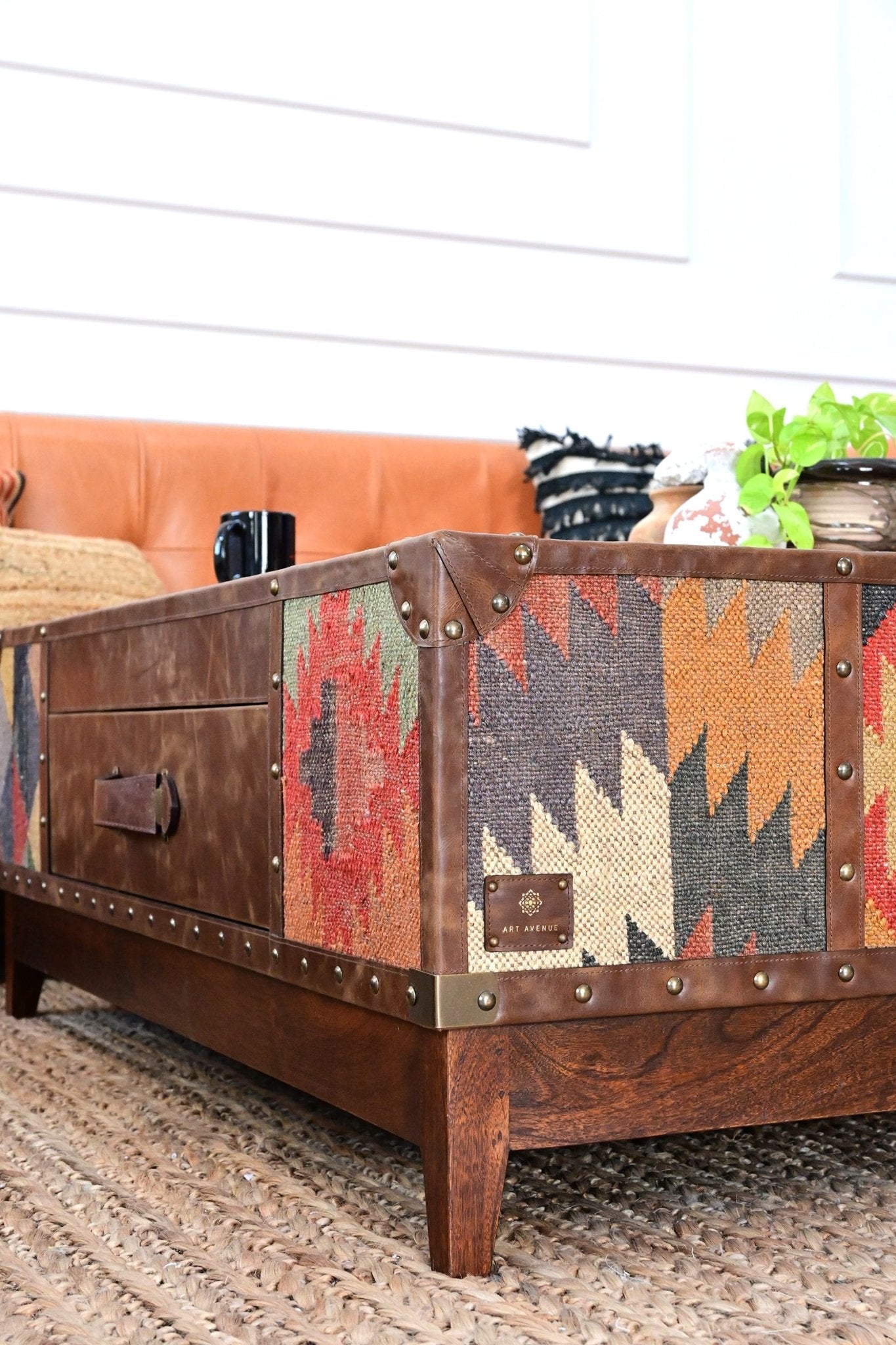 ADRIAN COFFEE TABLE - KILIM AND LEATHER - ART AVENUE