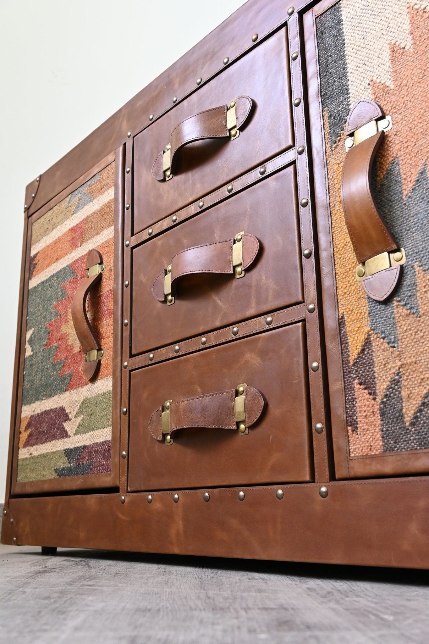 Handcrafted kilim and leather chest of drawers — Art Avenue