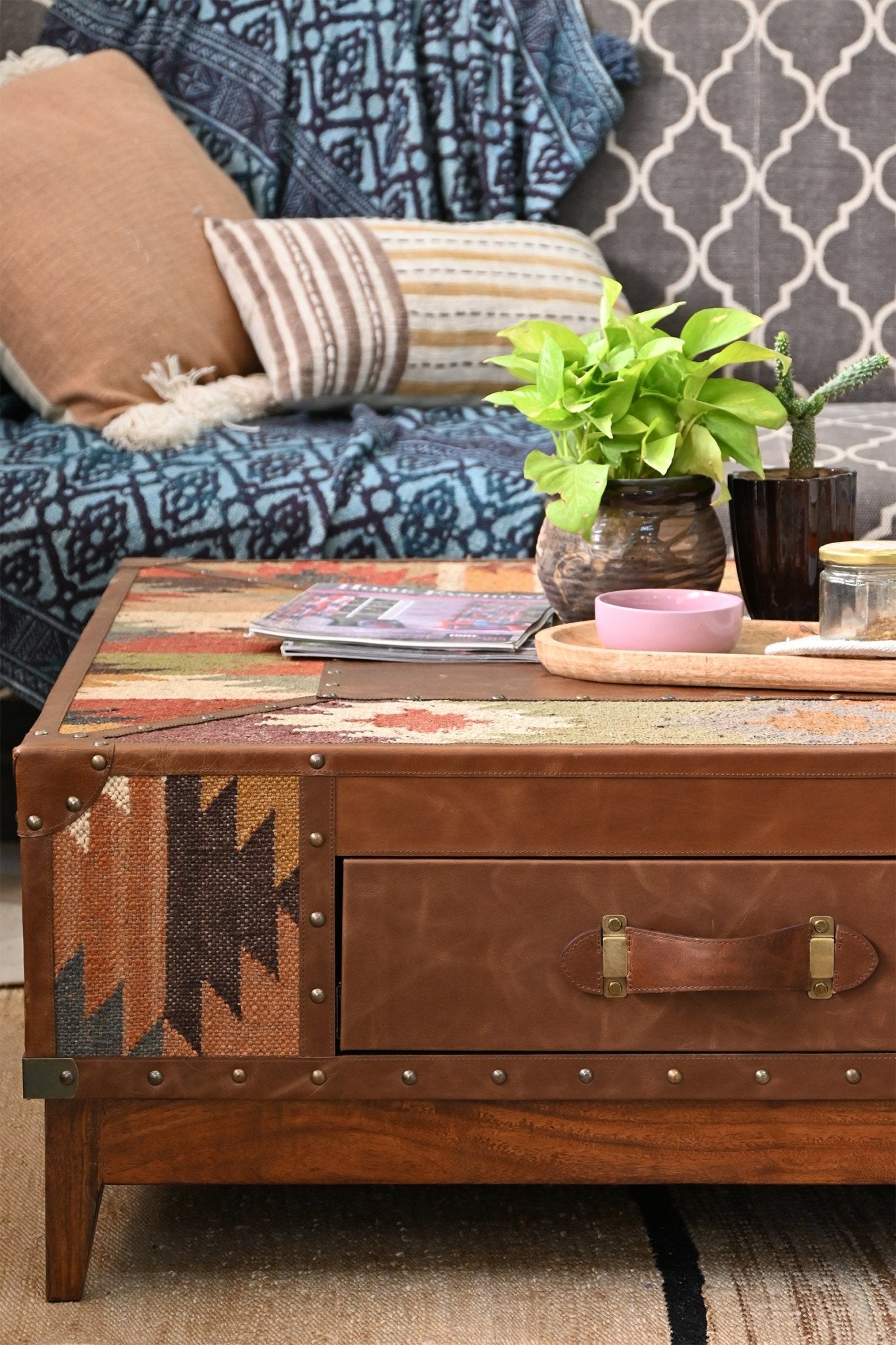 ADRIAN COFFEE TABLE - KILIM AND LEATHER - ART AVENUE