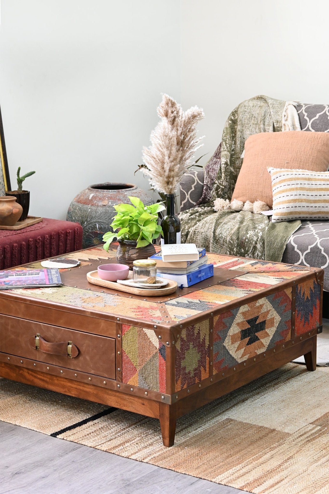ADRIAN COFFEE TABLE - KILIM AND LEATHER - ART AVENUE