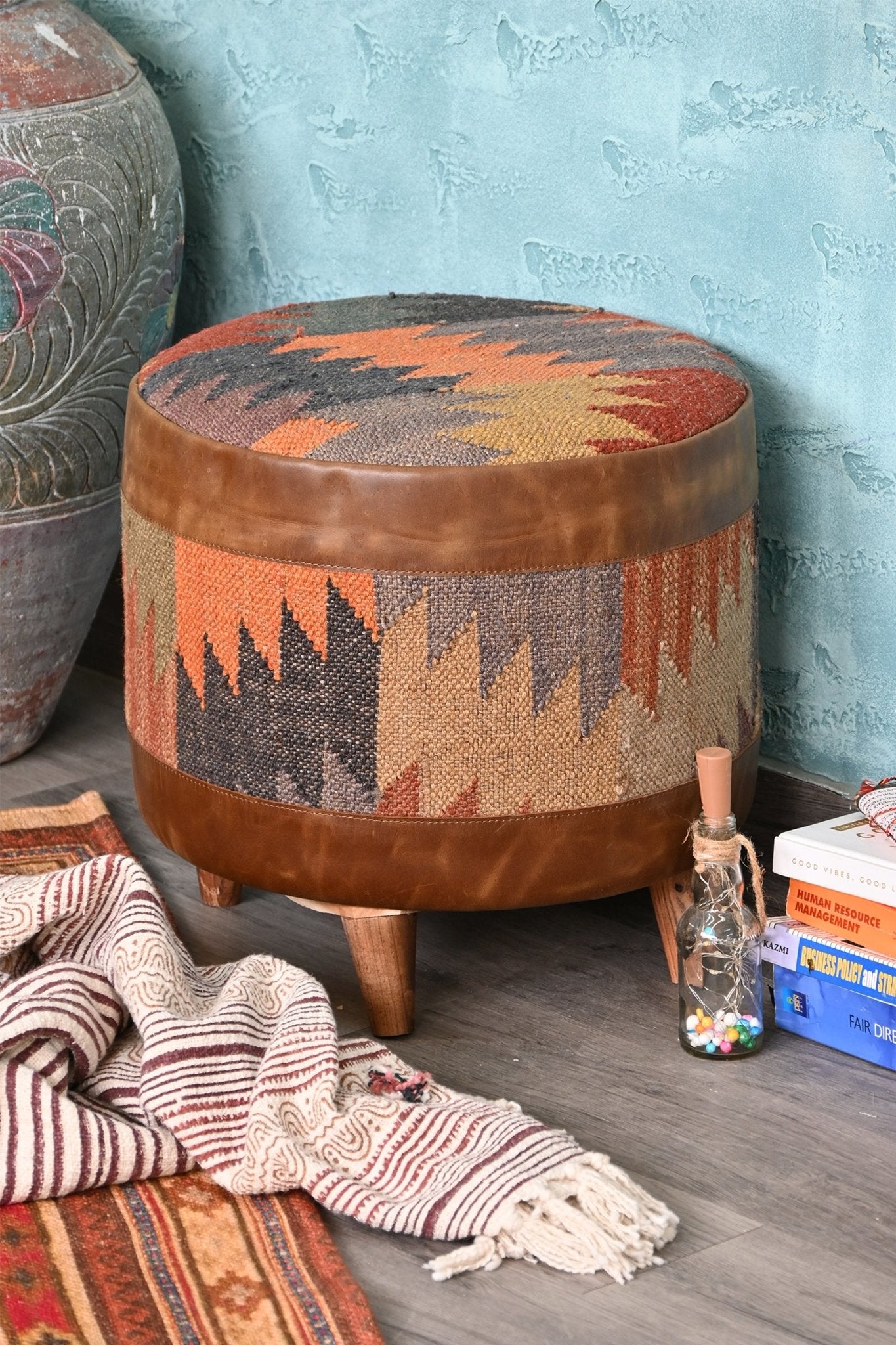 Puerto kilim ottoman detail — kilim upholstered top
