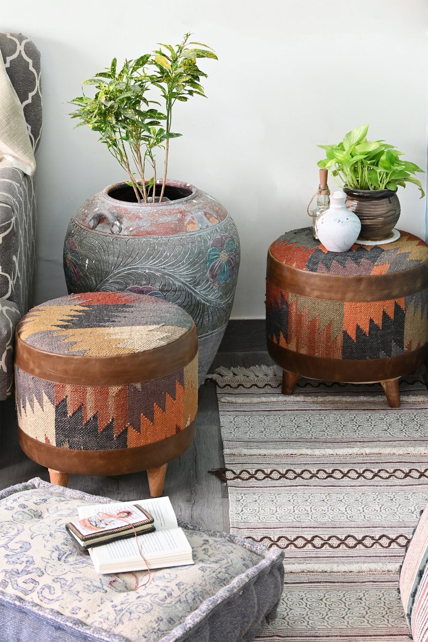 Puerto kilim leather ottoman — room setting, Art Avenue