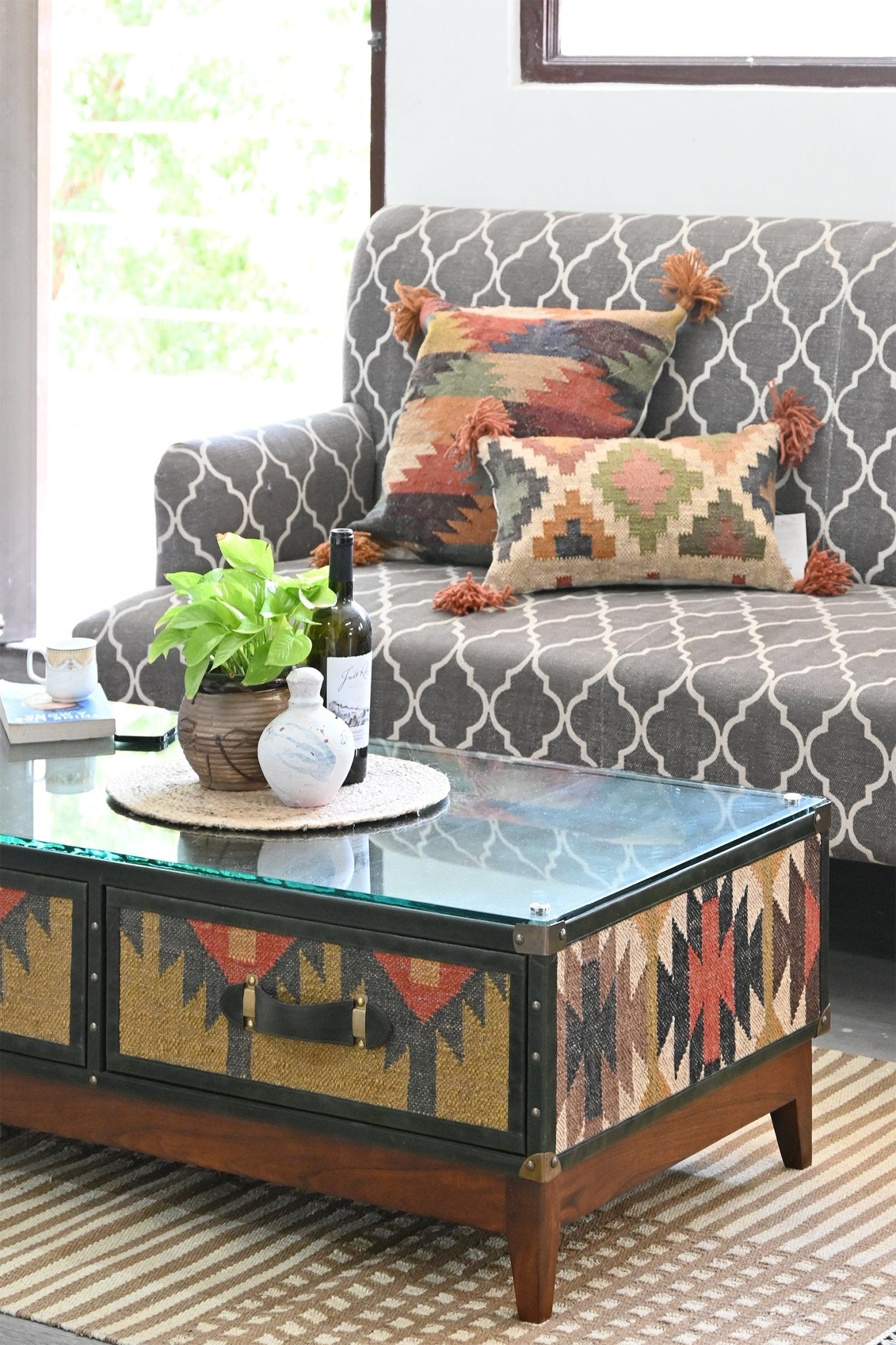 Kilim coffee table — kilim upholstered top detail — Art Avenue