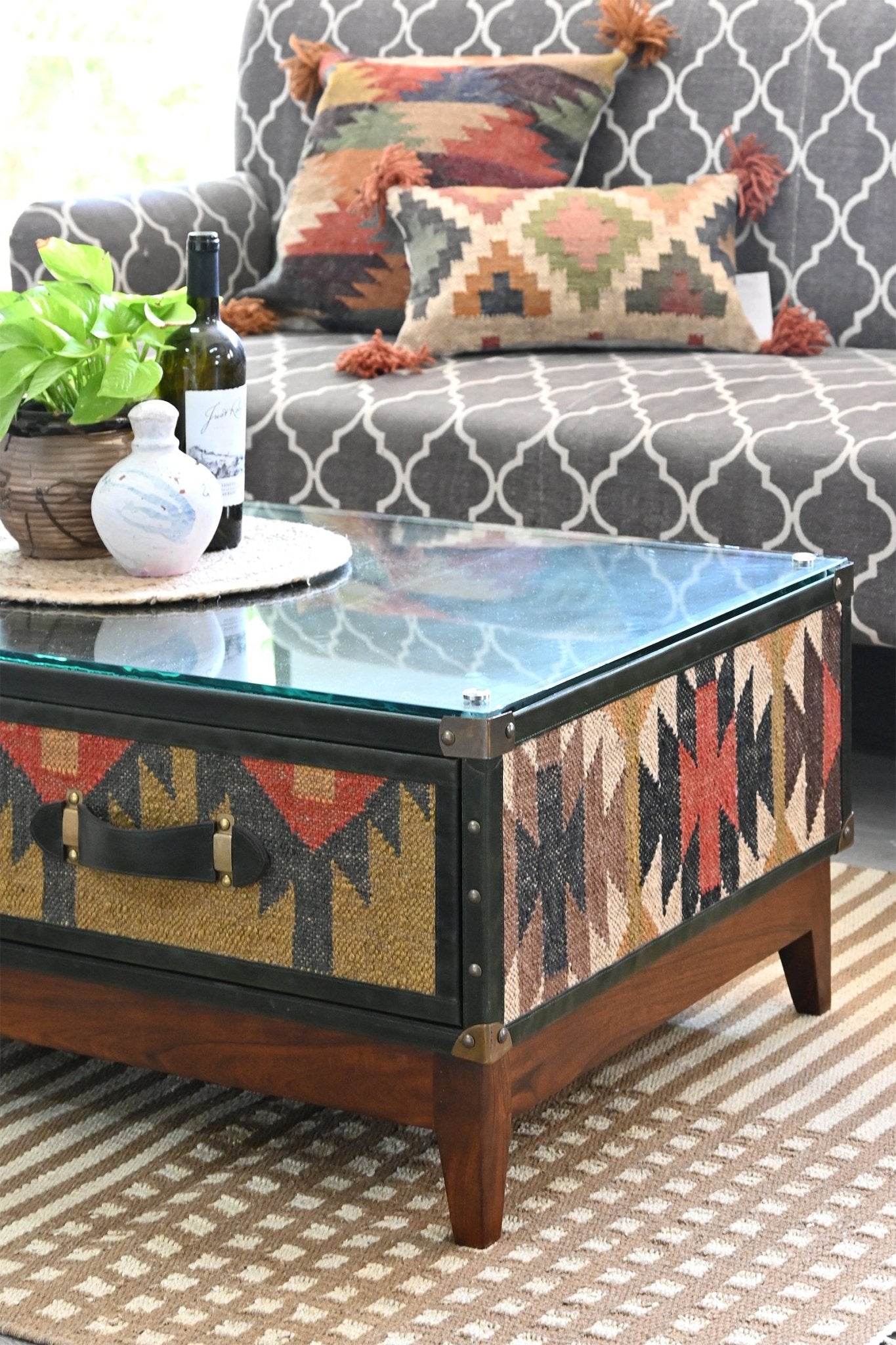 EVELYN COFFEE TABLE IN KILIM & LEATHER - ART AVENUE