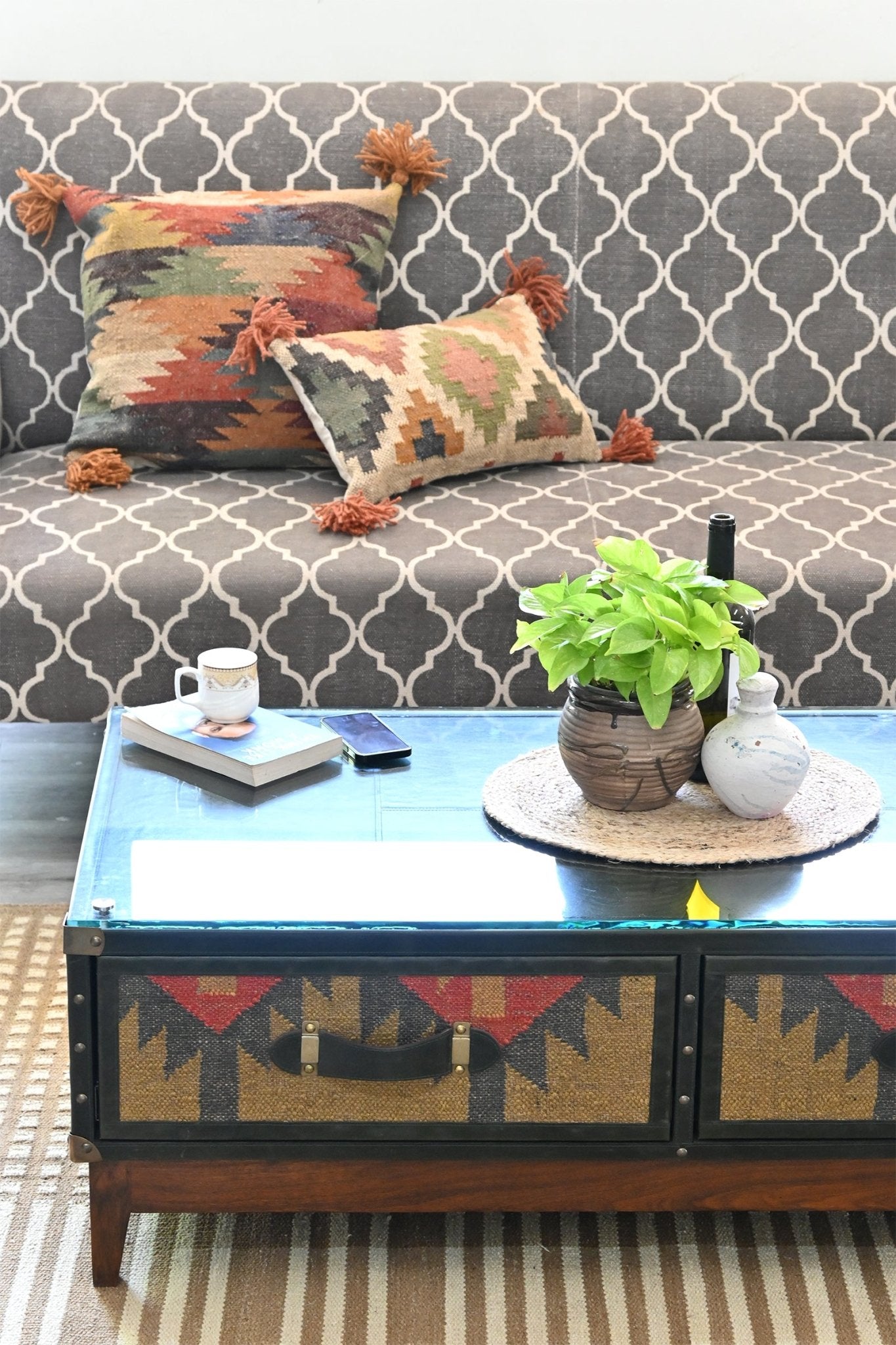 EVELYN COFFEE TABLE IN KILIM & LEATHER - ART AVENUE