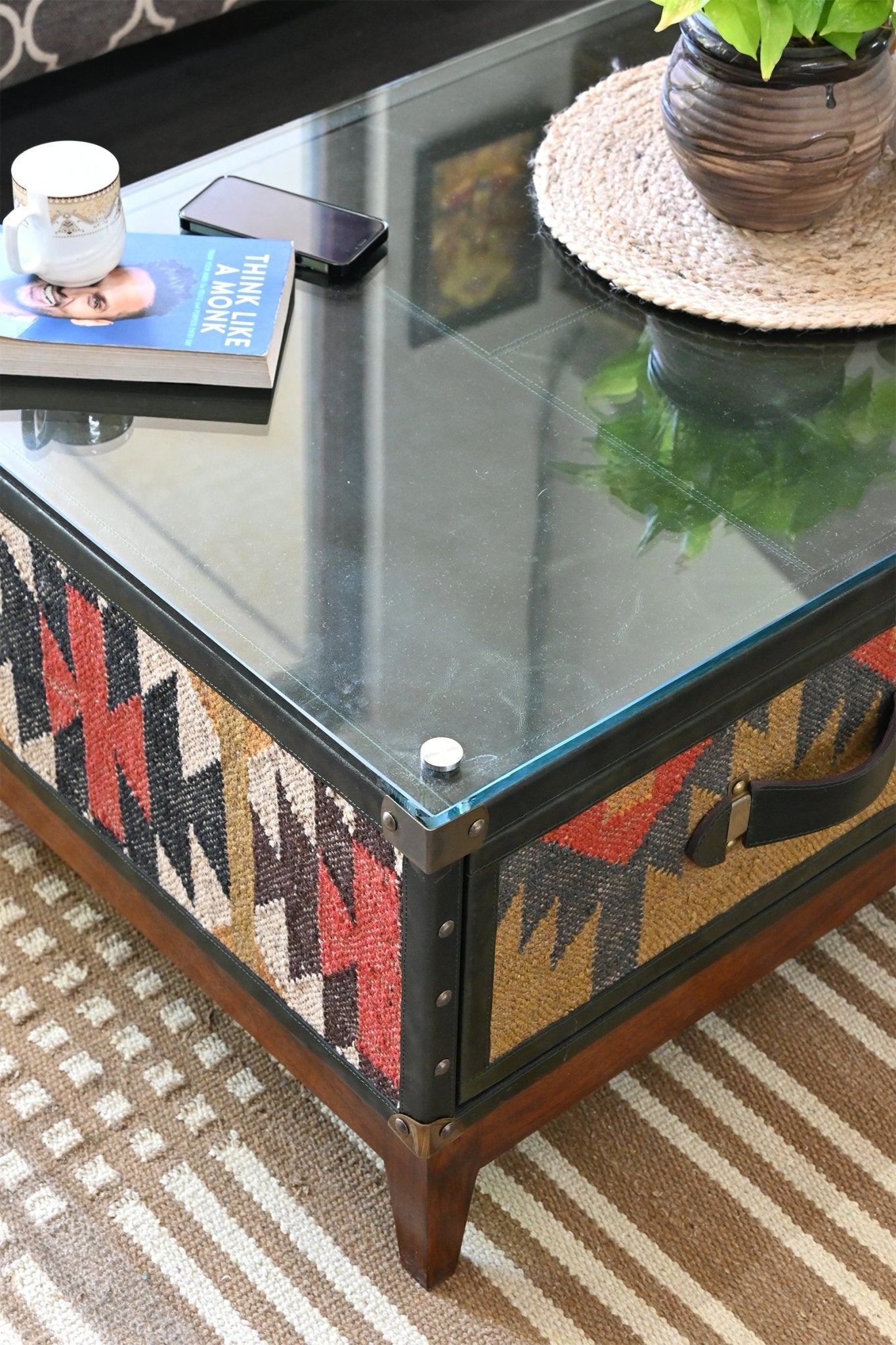 EVELYN COFFEE TABLE IN KILIM & LEATHER - ART AVENUE
