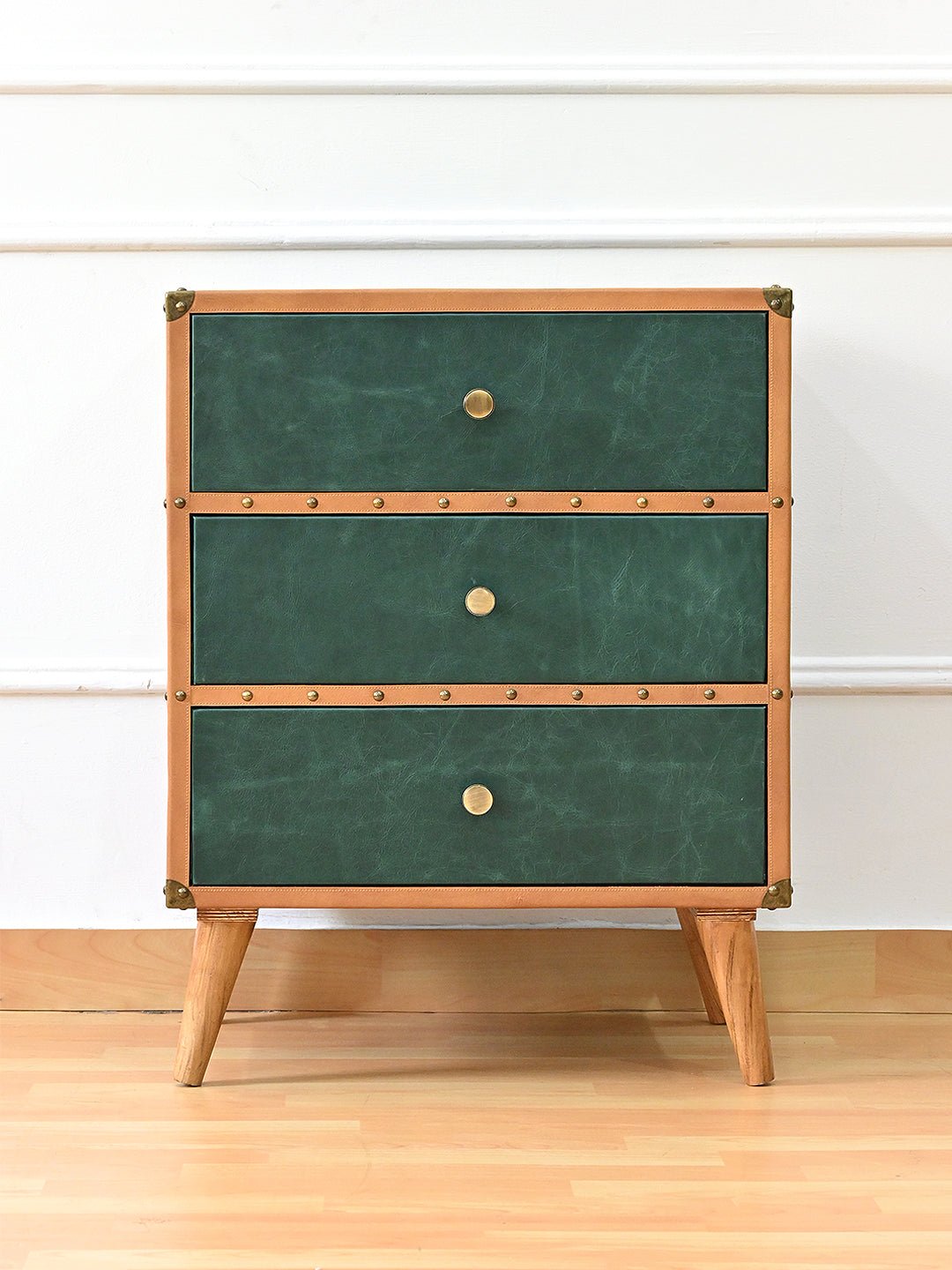 Handcrafted leather side table with three drawers — Art Avenue