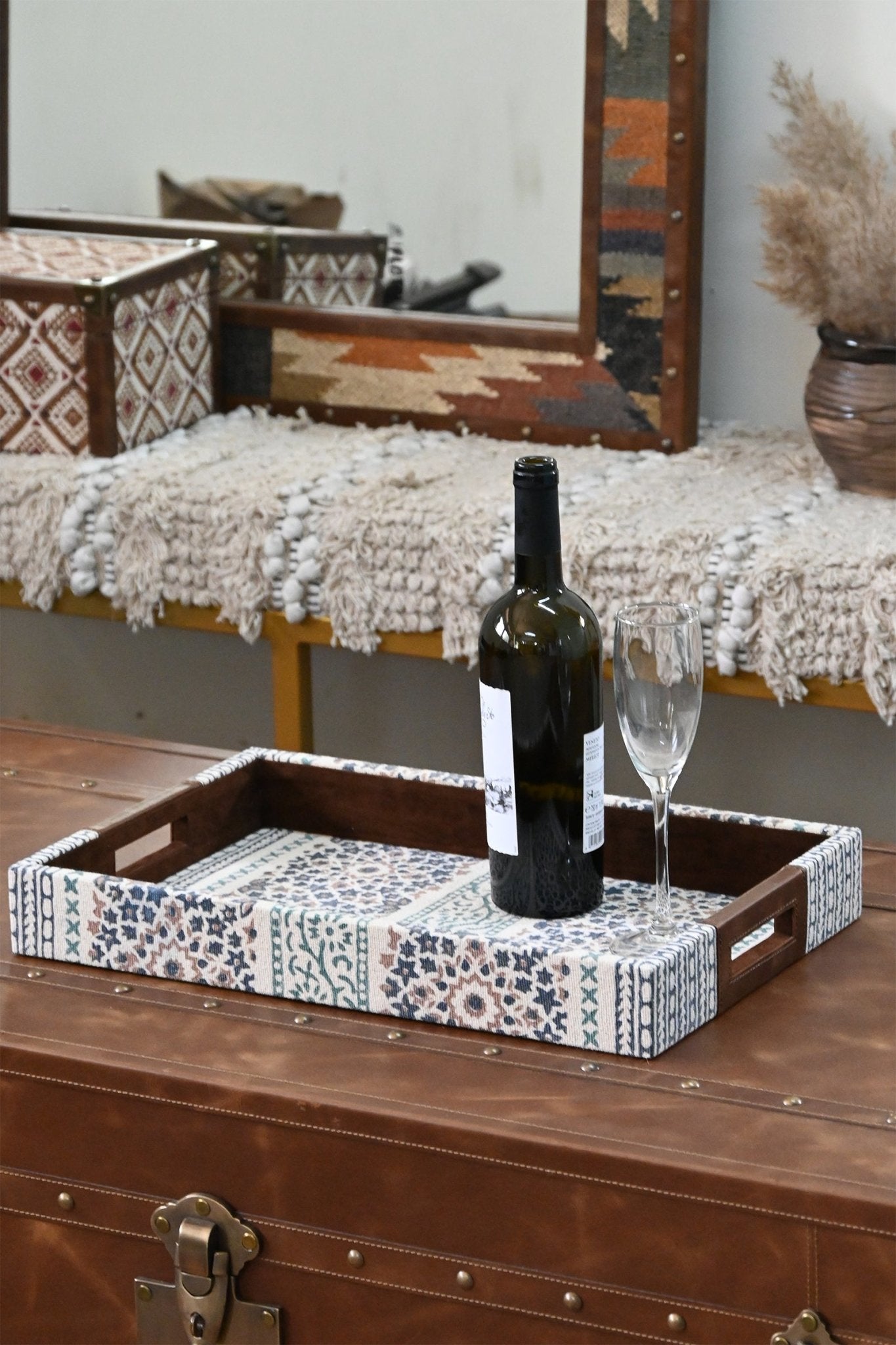 CLARET - LEATHER & COTTON PRINTED DURRIE TRAY - ART AVENUE