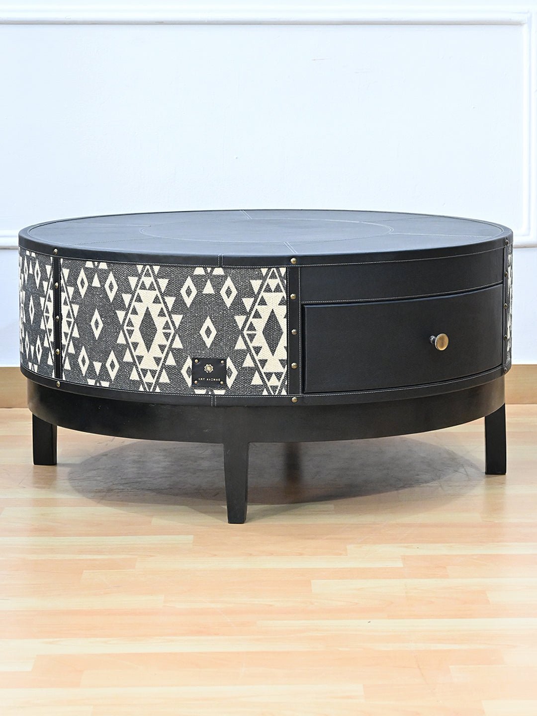 ROUND WOODEN COFFEE TABLE - LEATHER AND DIGITAL PRINTED FABRIC - ART AVENUE