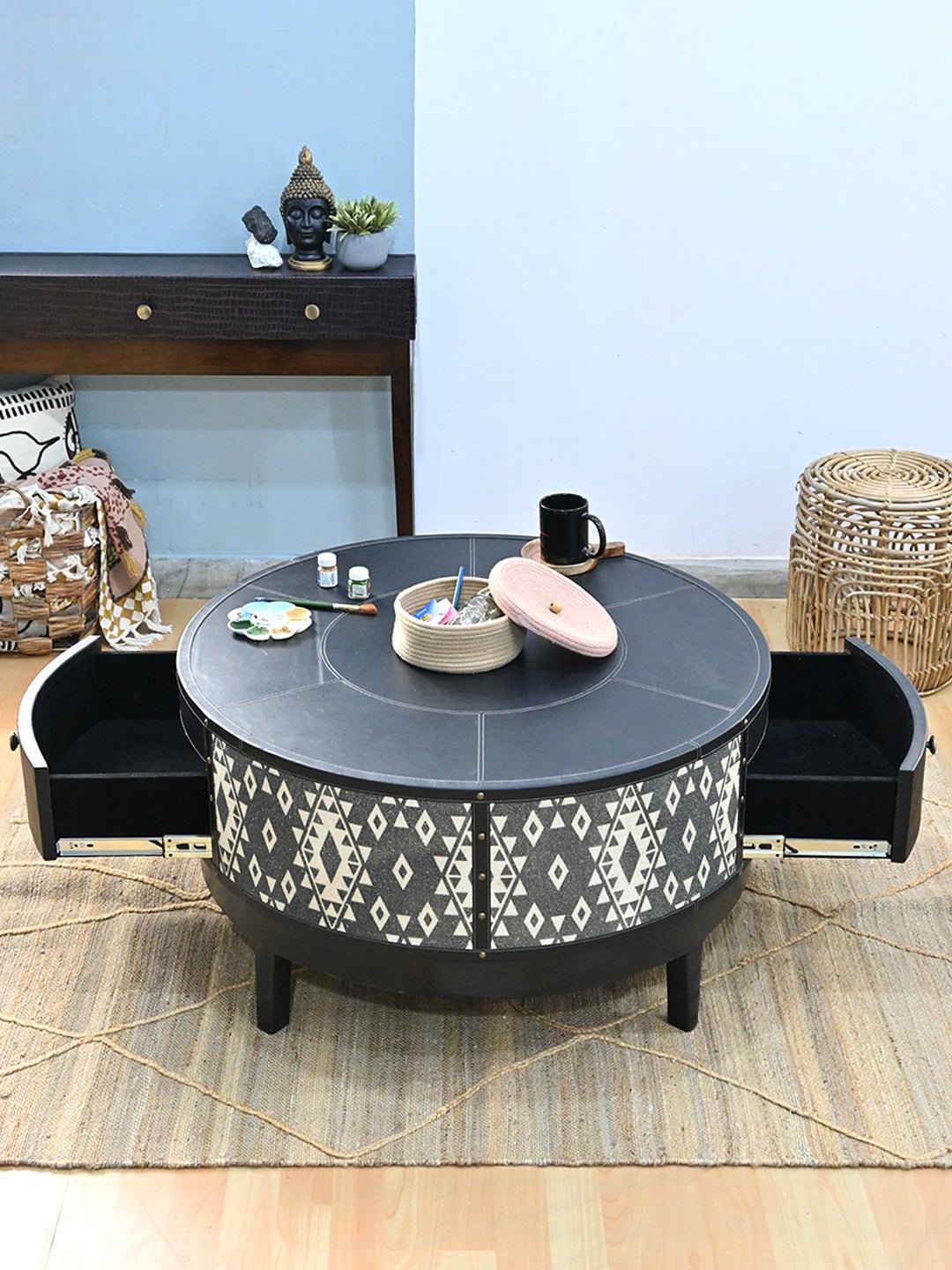 Top view of round leather coffee table — Art Avenue