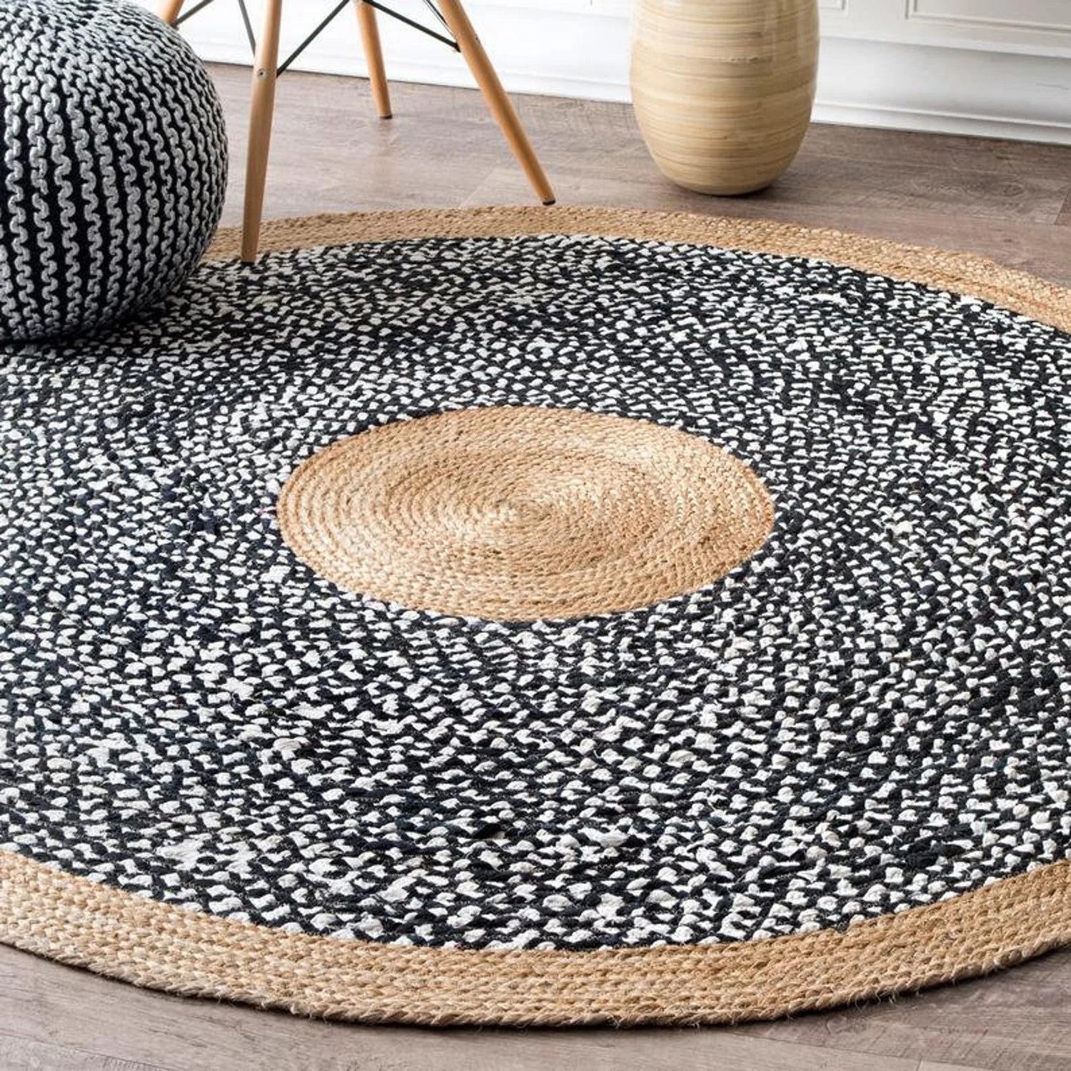 Aater hand-braided round jute rug — beige black and white handmade in Jaipur