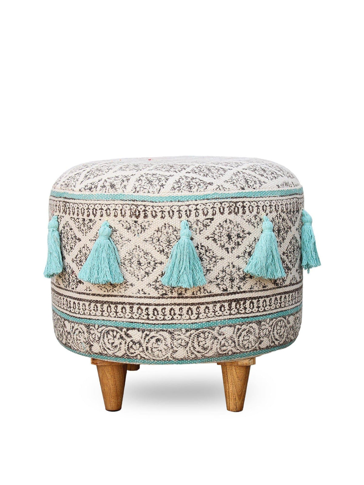 Side view of kilim cylindrical ottoman in aqua — Art Avenue