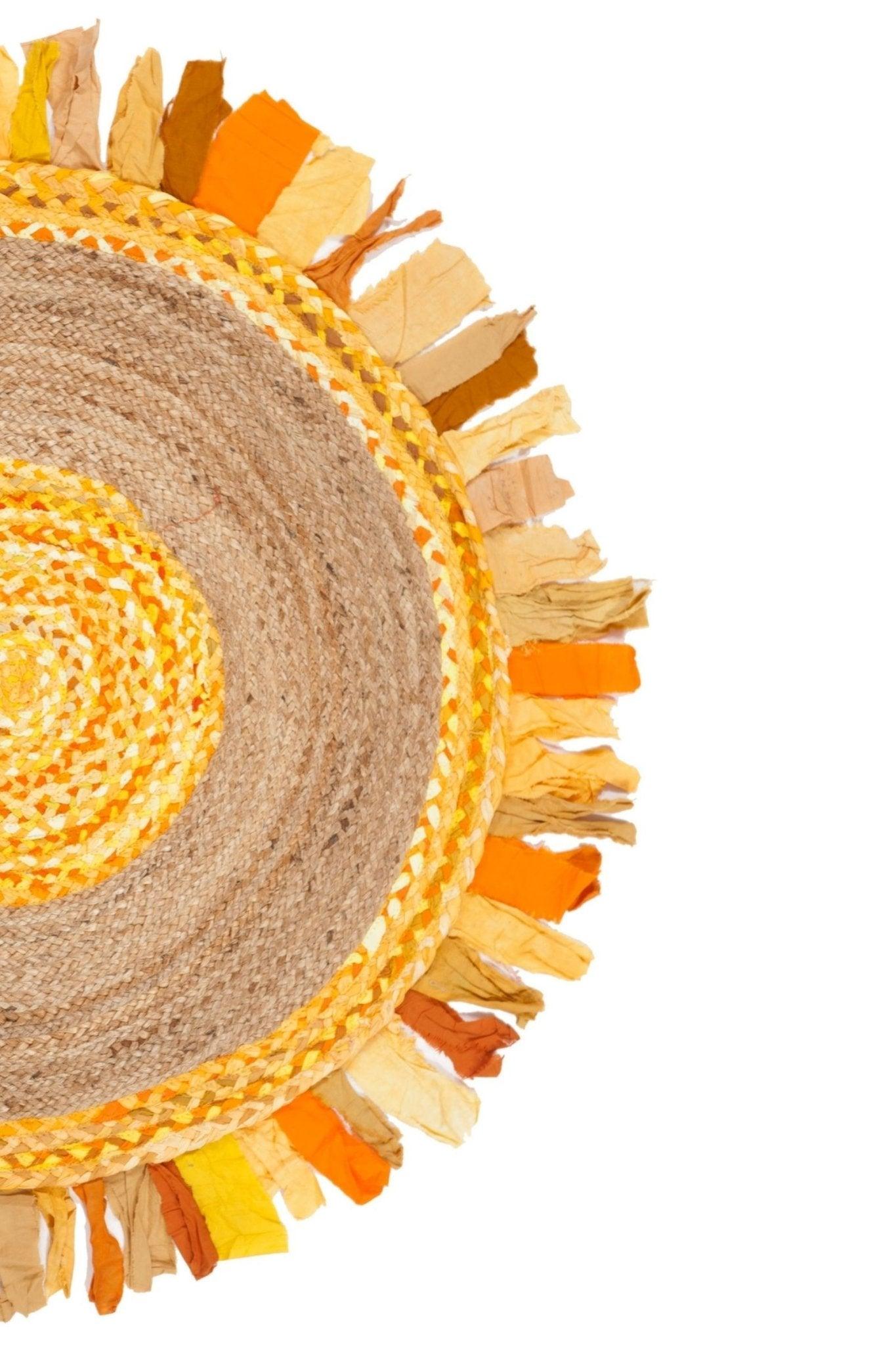 Aconite round jute rug room setting — Art Avenue India