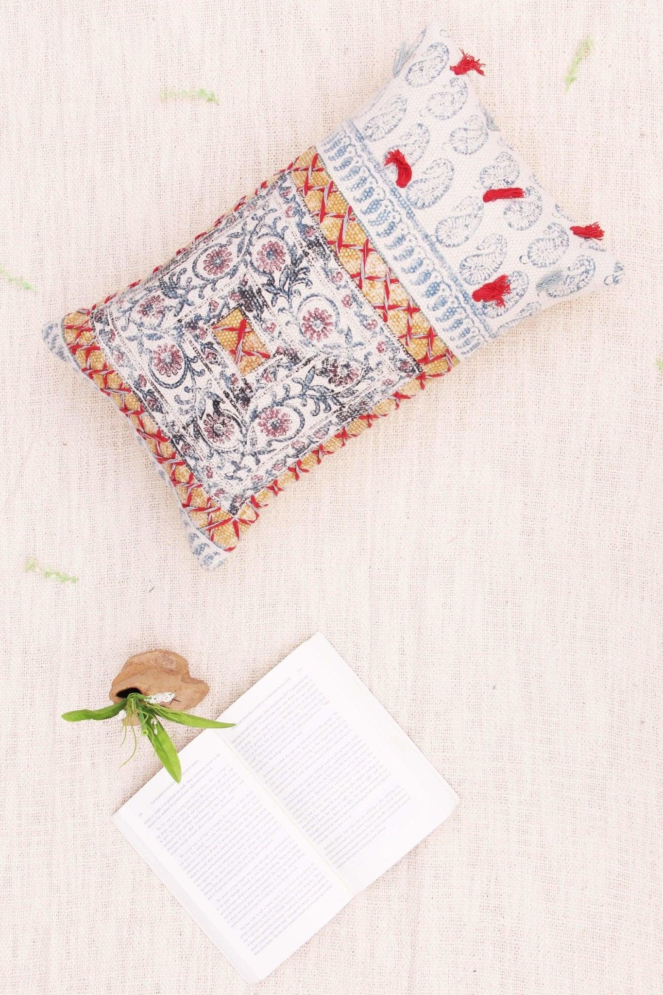 Adam Block-Printed Embroidered Lumbar Cushion Cover — White — Art Avenue