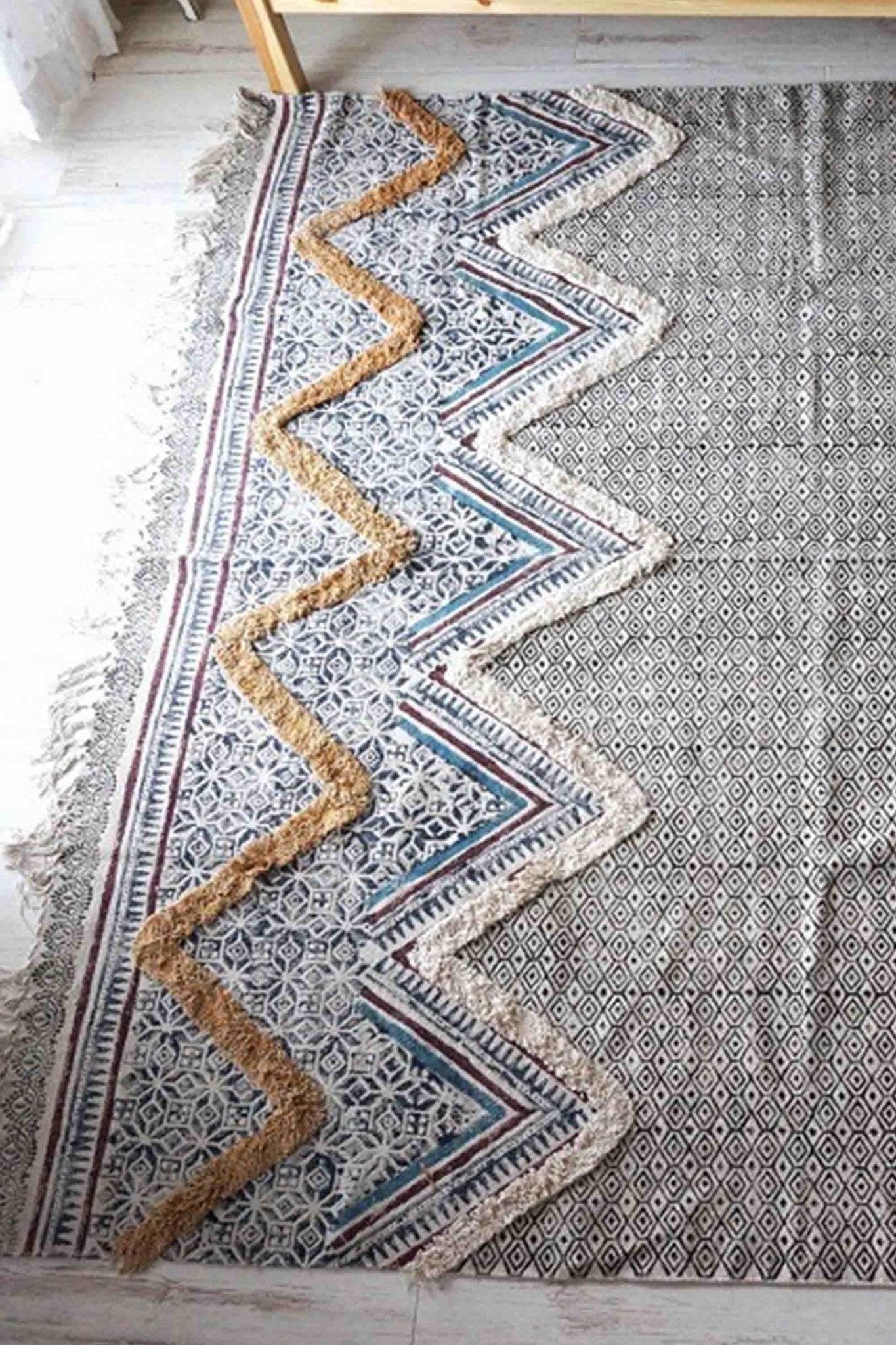 Asteria Block-Printed Cotton Dhurrie Rug in Blue — Art Avenue
