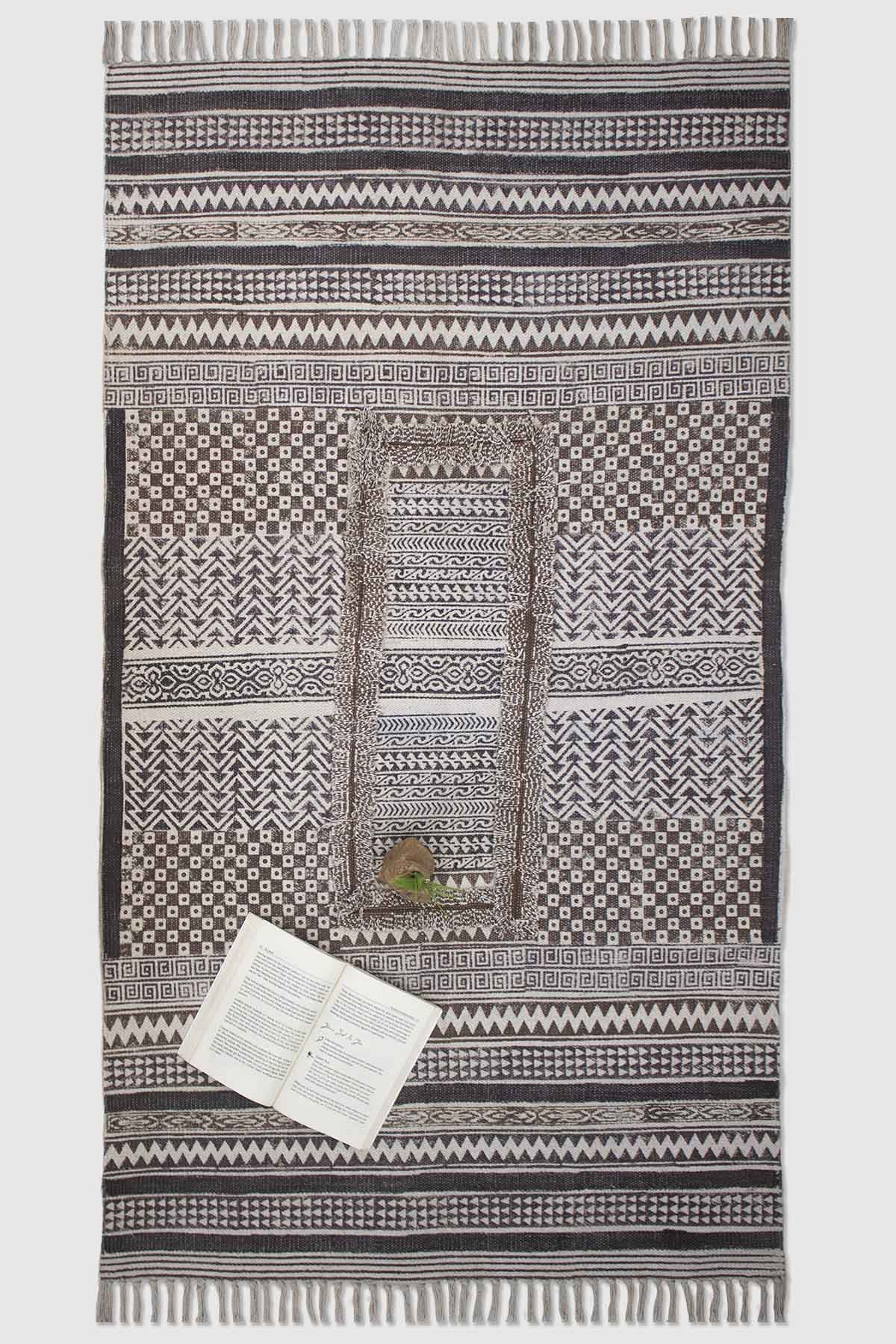 Benjamin Block-Printed Cotton Dhurrie Rug — overhead view — Art Avenue