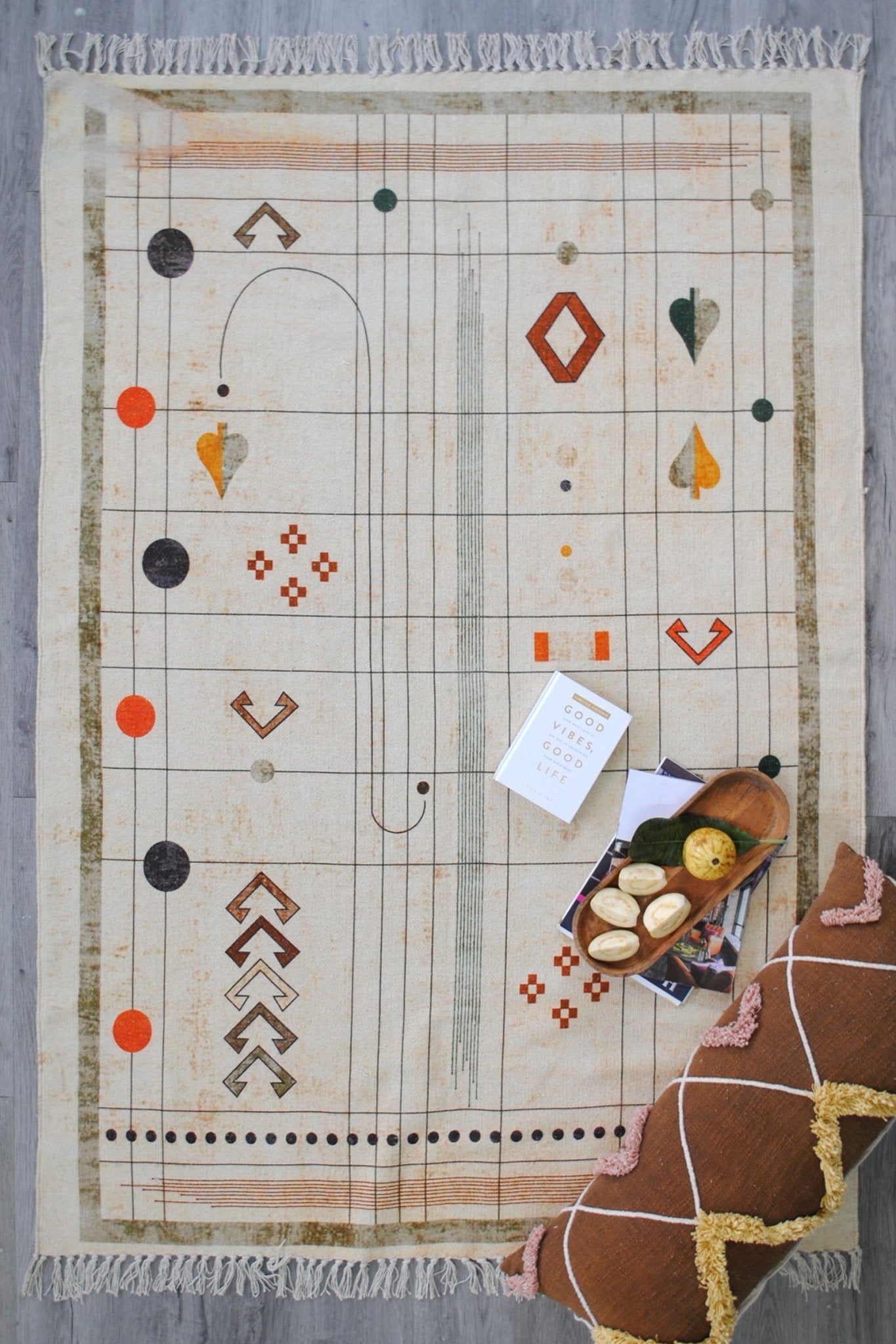 Betula block-printed rug room setting — Art Avenue India