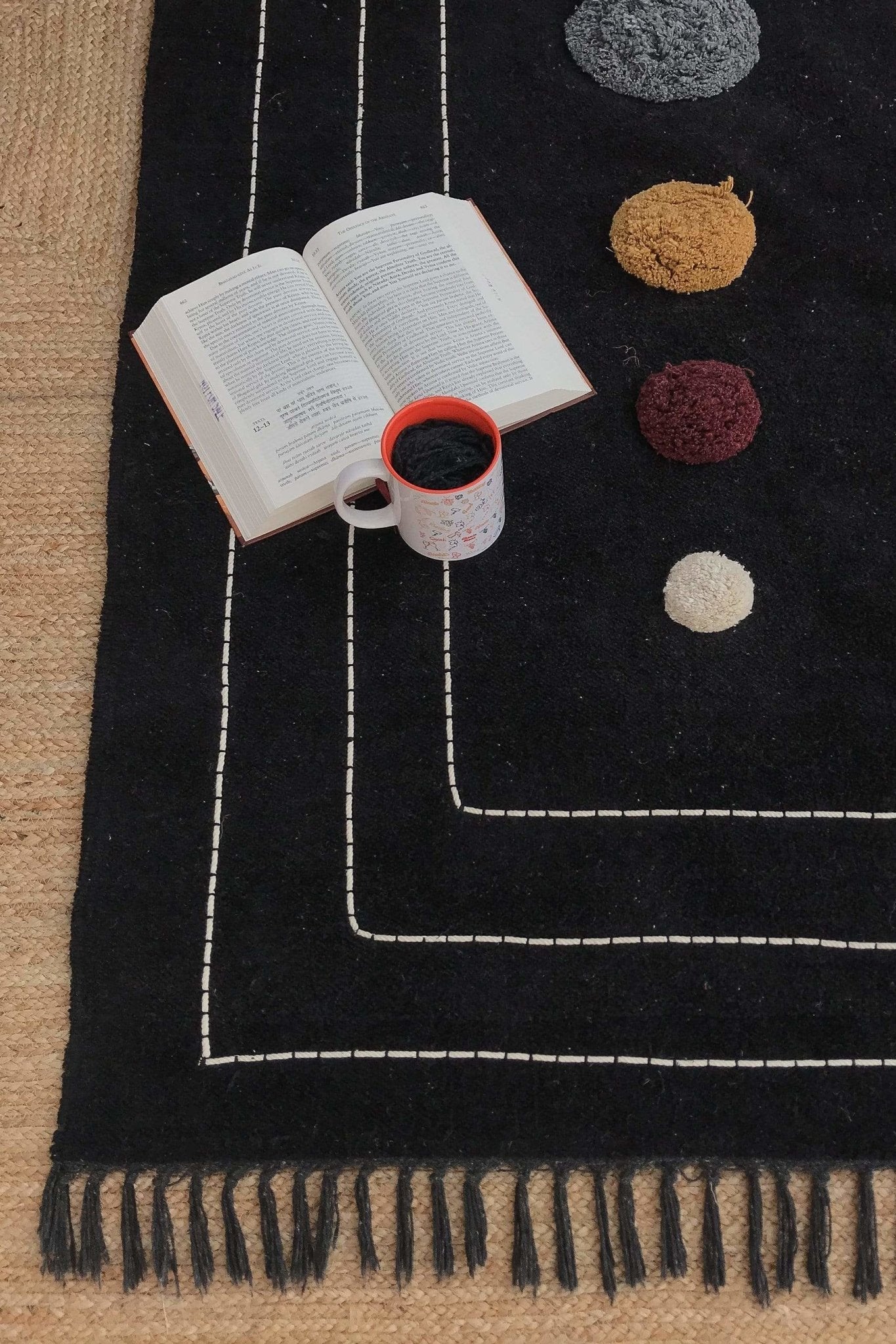Bloom hand-embroidered rug — black handmade in Jaipur