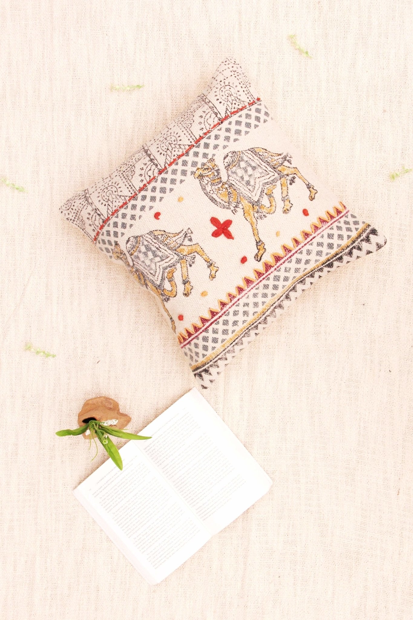 Camel Block-Printed Square Cushion Cover — Ivory — Art Avenue