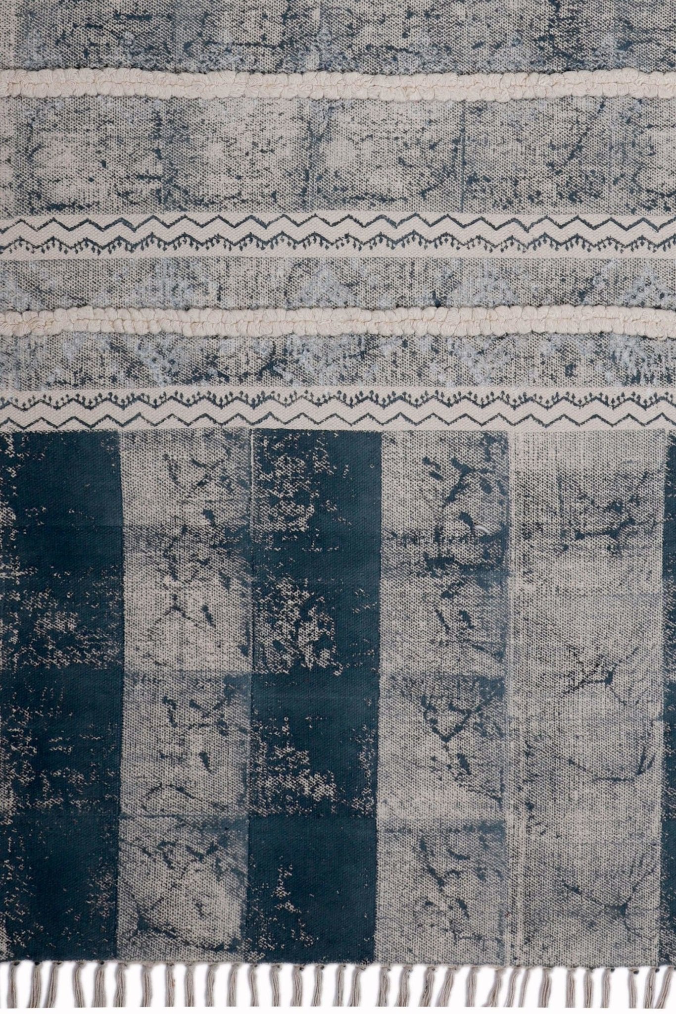 Block-printed cotton dhurrie rug in room setting — Art Avenue