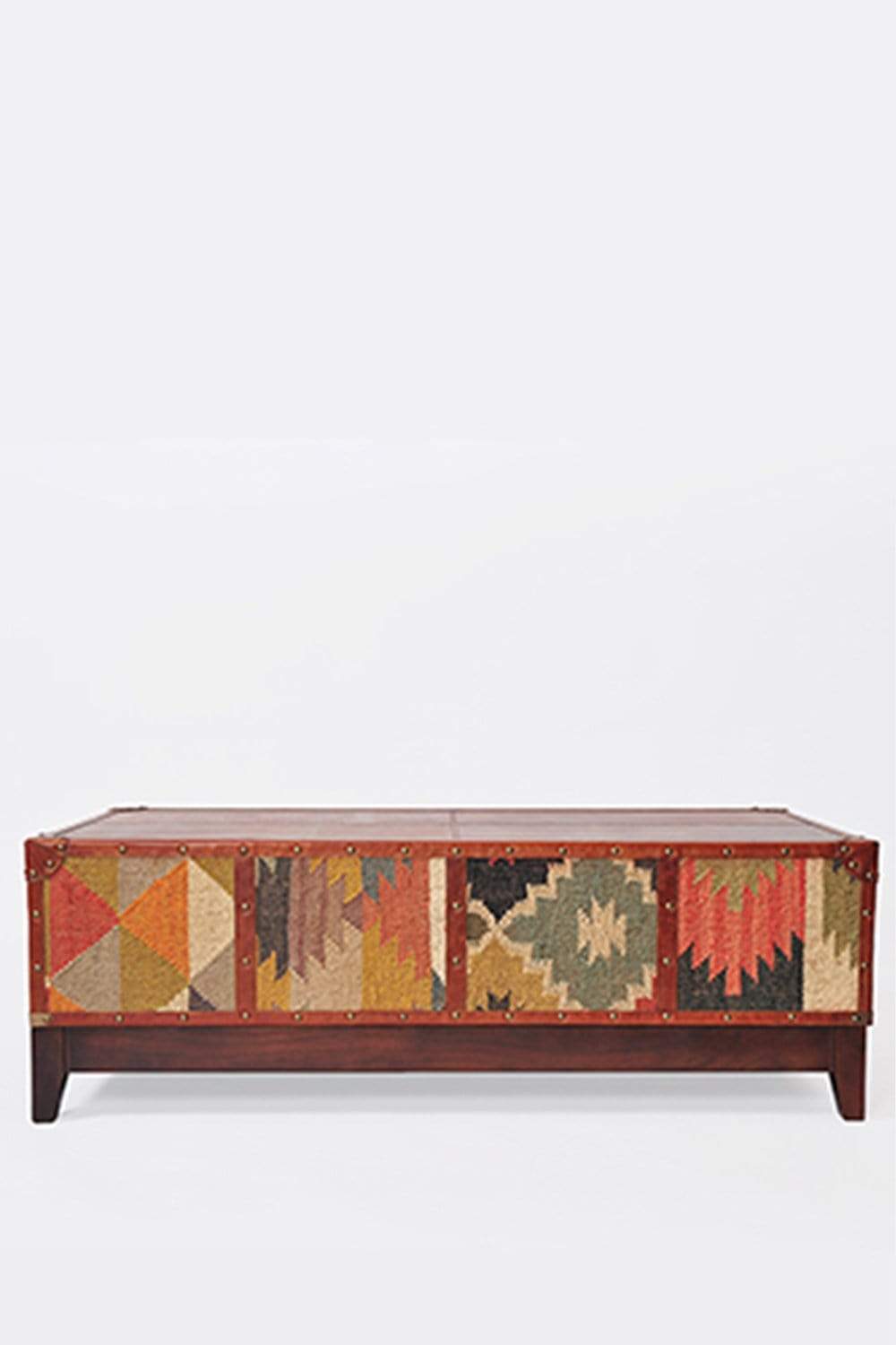 Side view of kilim and leather coffee table — Art Avenue