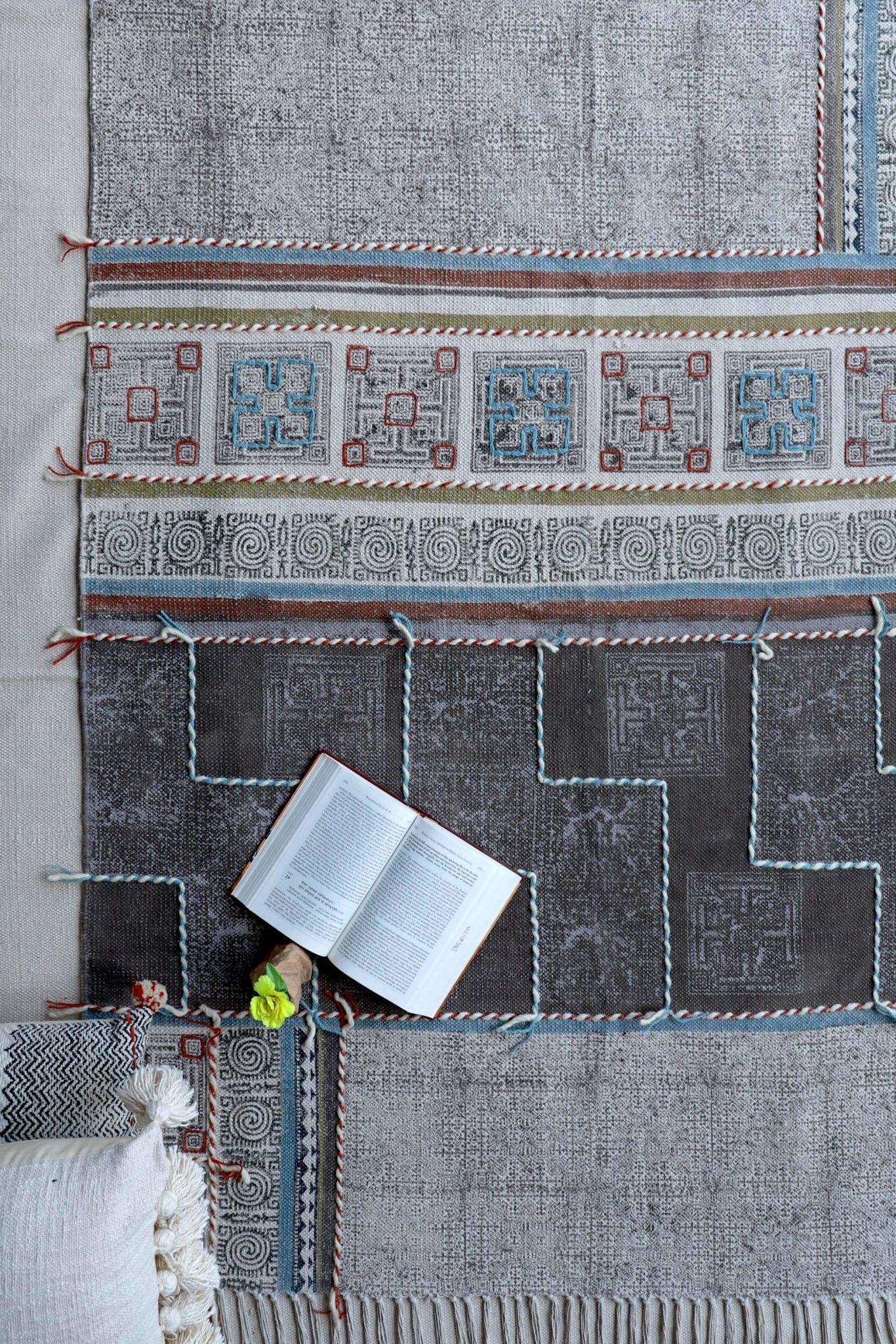 Block-Printed Cotton Dhurrie Rug in Dark Brown — Art Avenue
