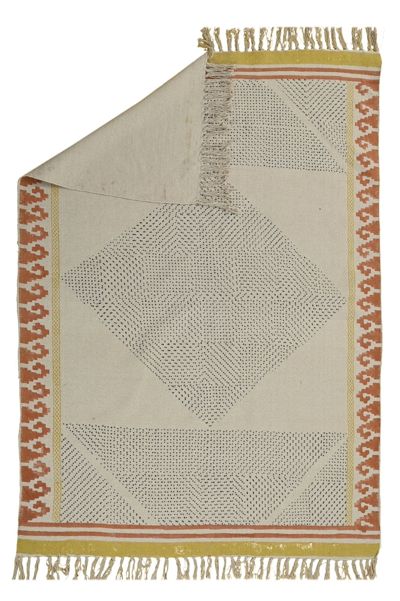 Dynamo Block-Printed Cotton Dhurrie Rug — overhead view — Art Avenue