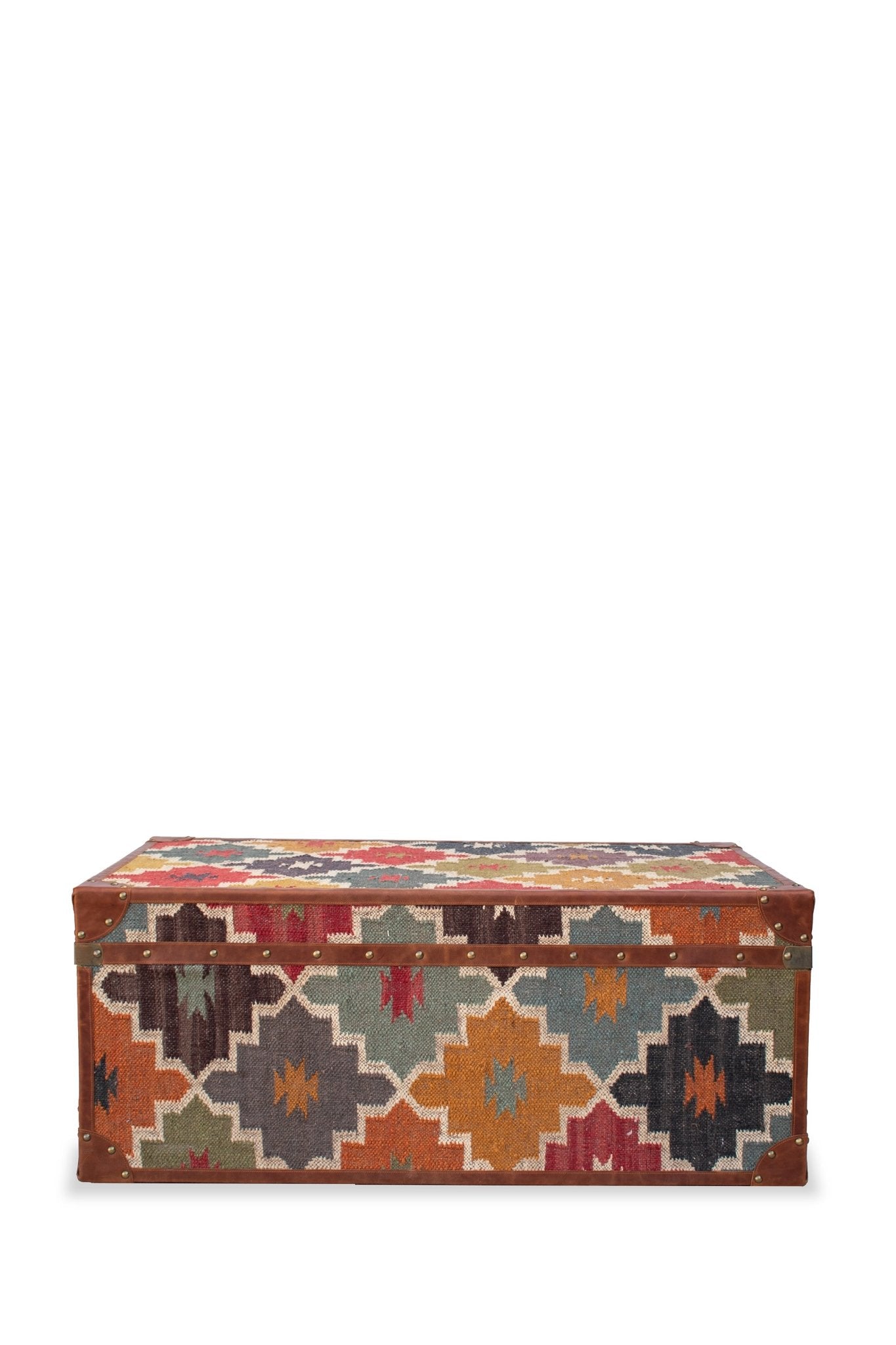 Kilim trunk table — kilim upholstered top detail — Art Avenue