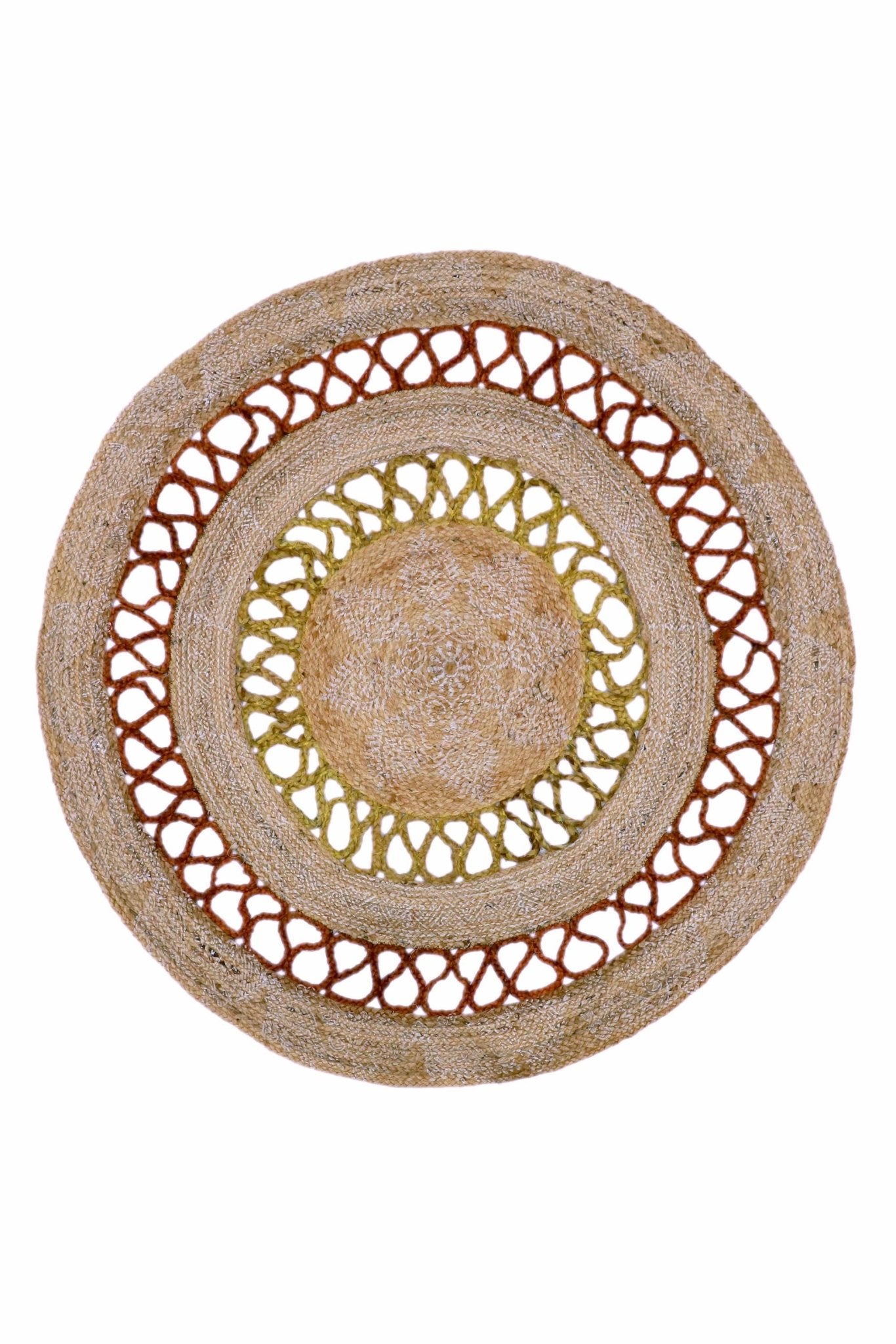 Evening round braided jute rug — natural colourway hand-braided in Jaipur
