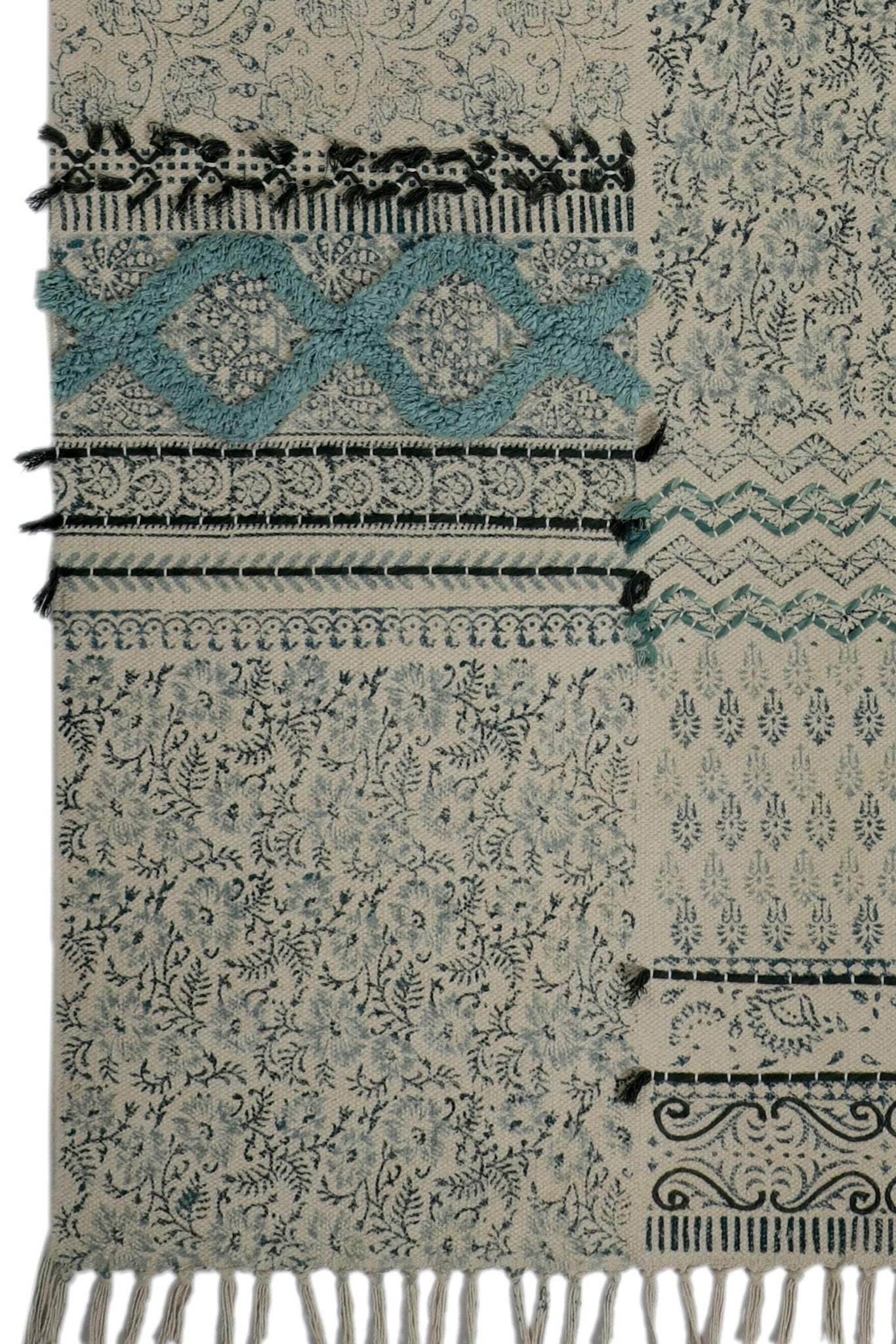 Block-printed cotton dhurrie rug in room setting — Art Avenue