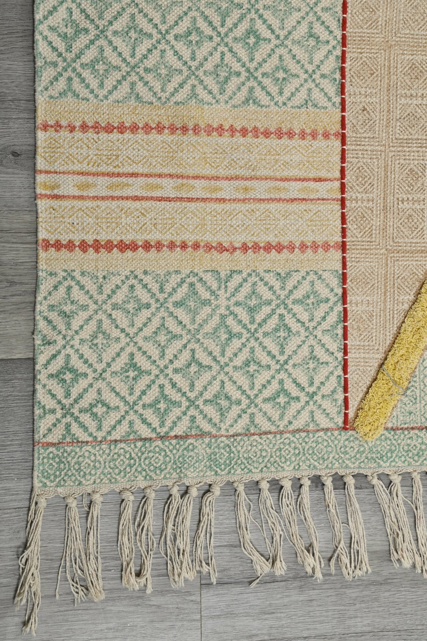 Ganges Block-Printed Cotton Dhurrie Rug — overhead view — Art Avenue