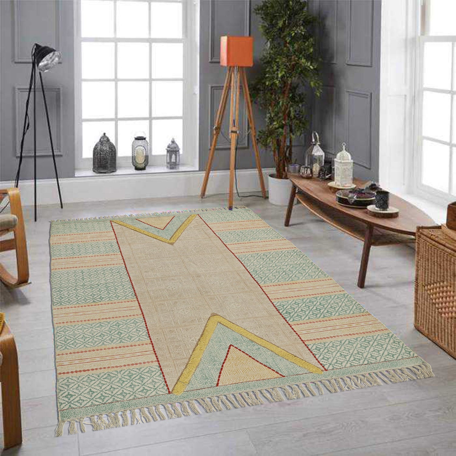 Detail of traditional block-print on cotton dhurrie rug — Art Avenue