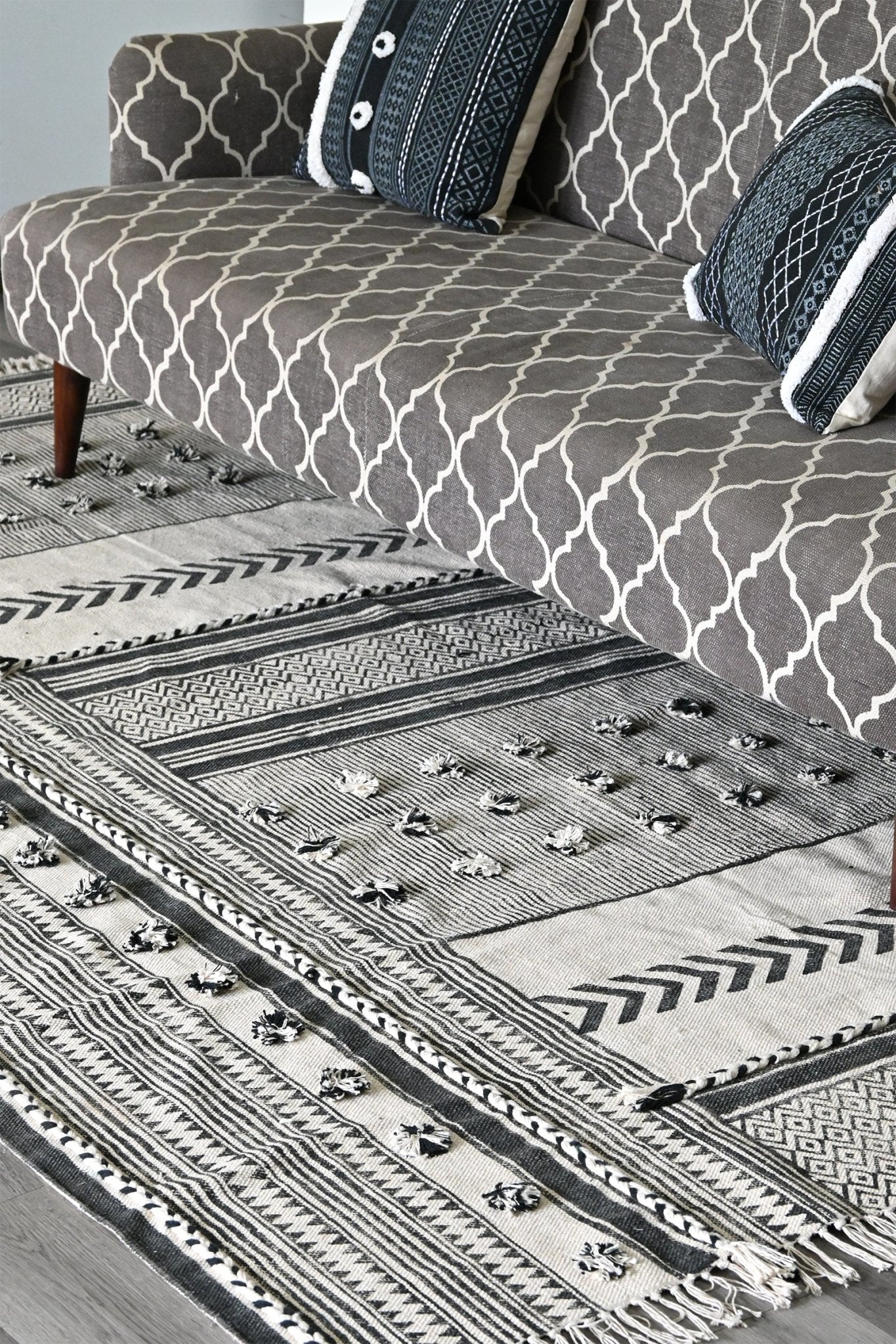Detail of traditional block-print on cotton dhurrie rug — Art Avenue