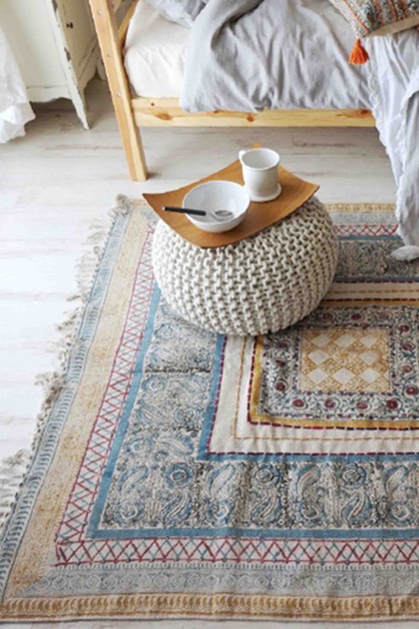 Detail of block-print on blue and yellow dhurrie rug — Art Avenue