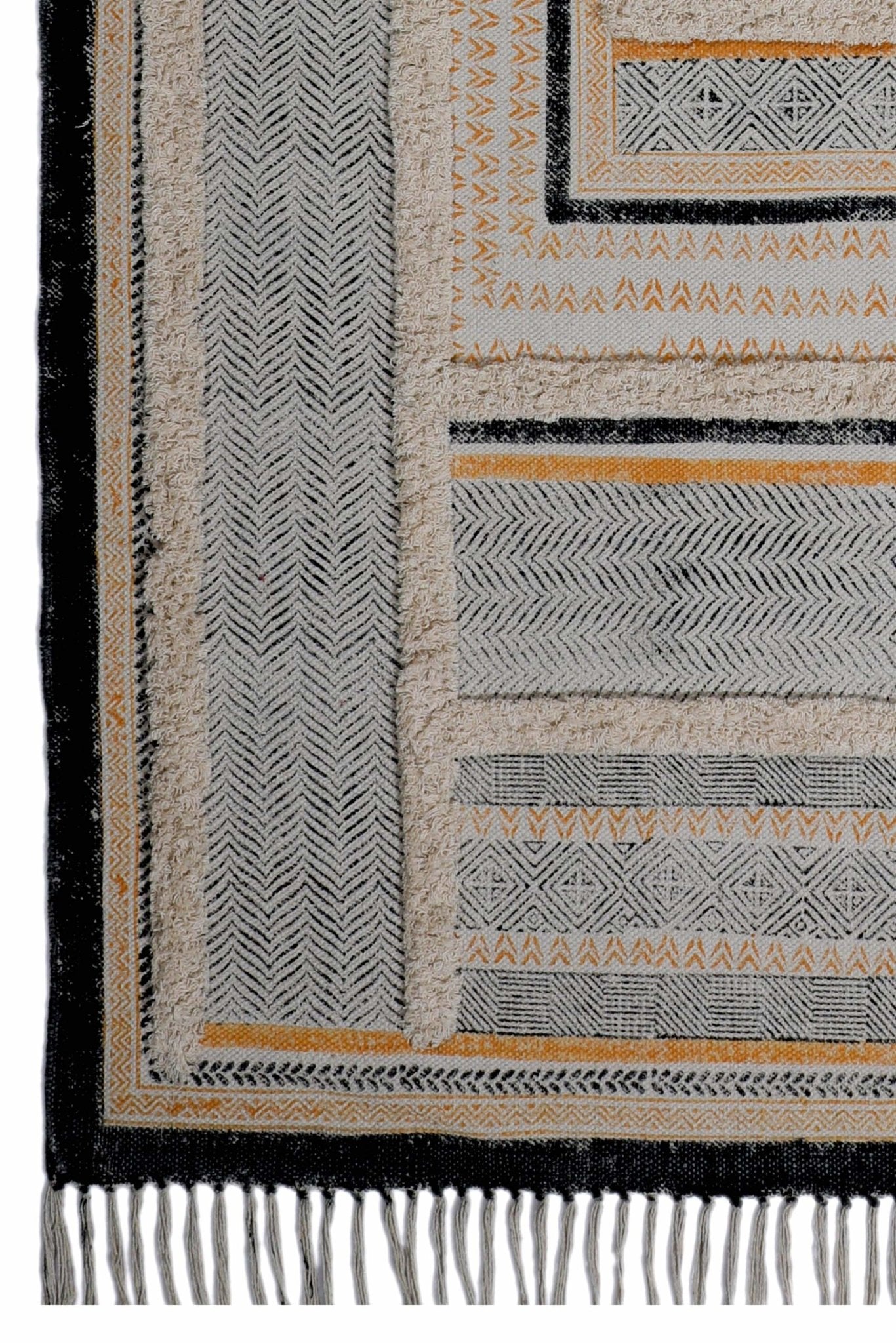Block-printed cotton dhurrie rug in room setting — Art Avenue