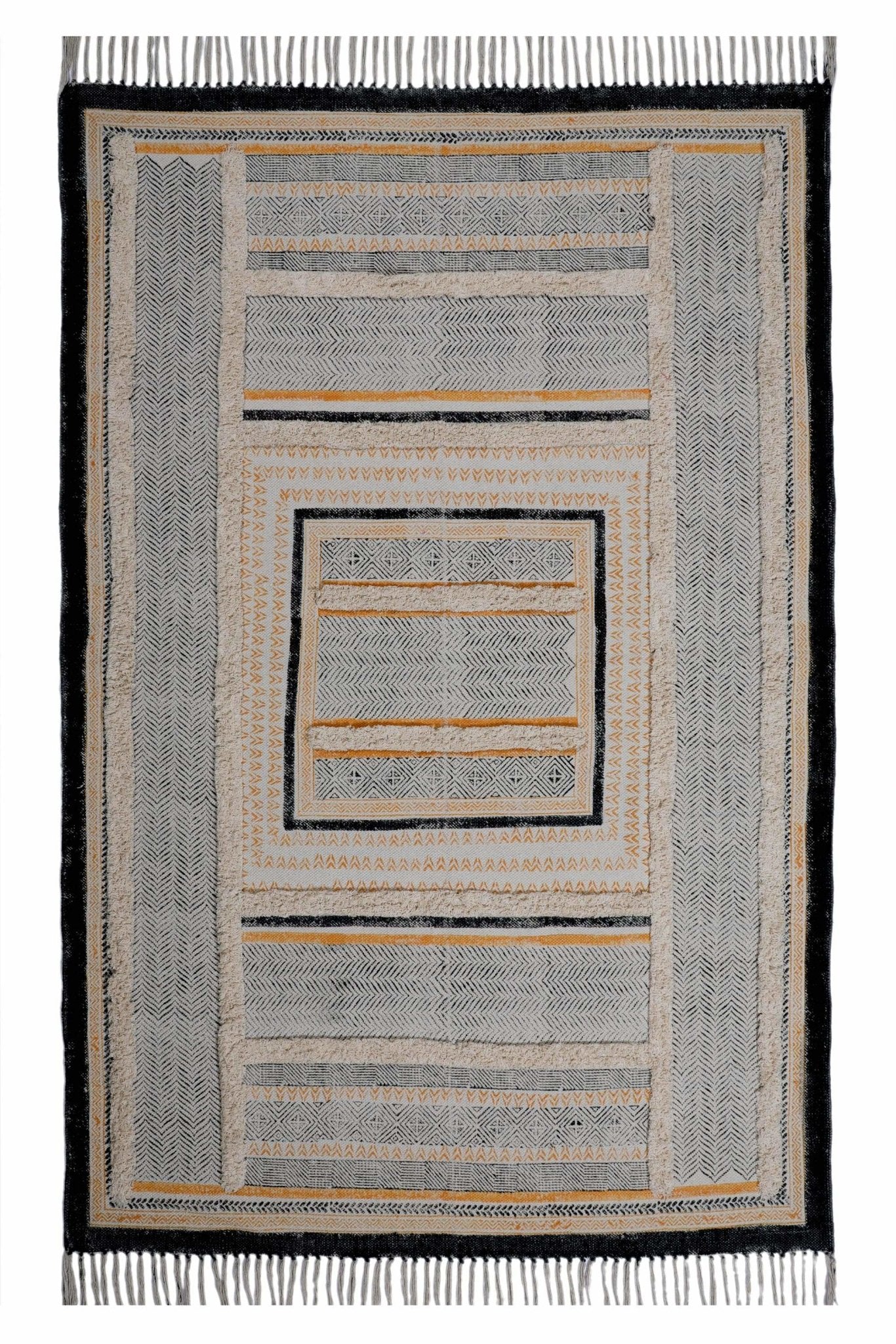 Block-Printed Cotton Dhurrie Rug in Black & Mustard — Art Avenue