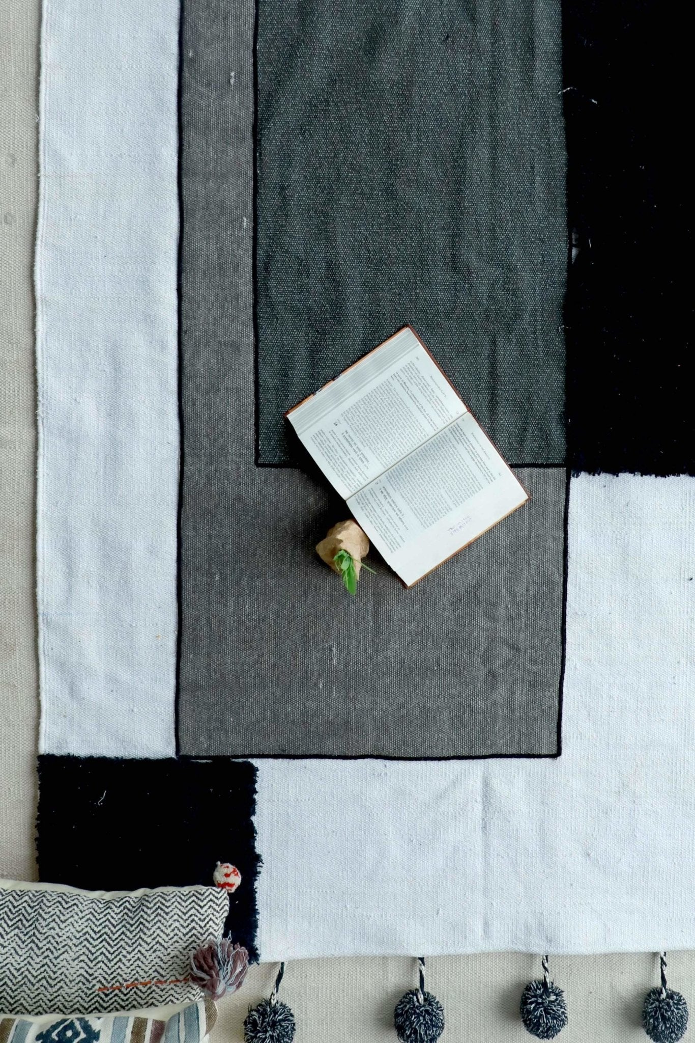 Kelki patchwork rug with pom-poms — handmade in Jaipur