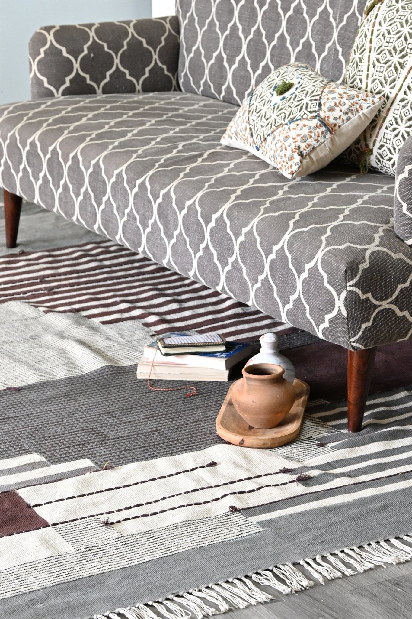 Kherwa block-printed rug close-up — Art Avenue India