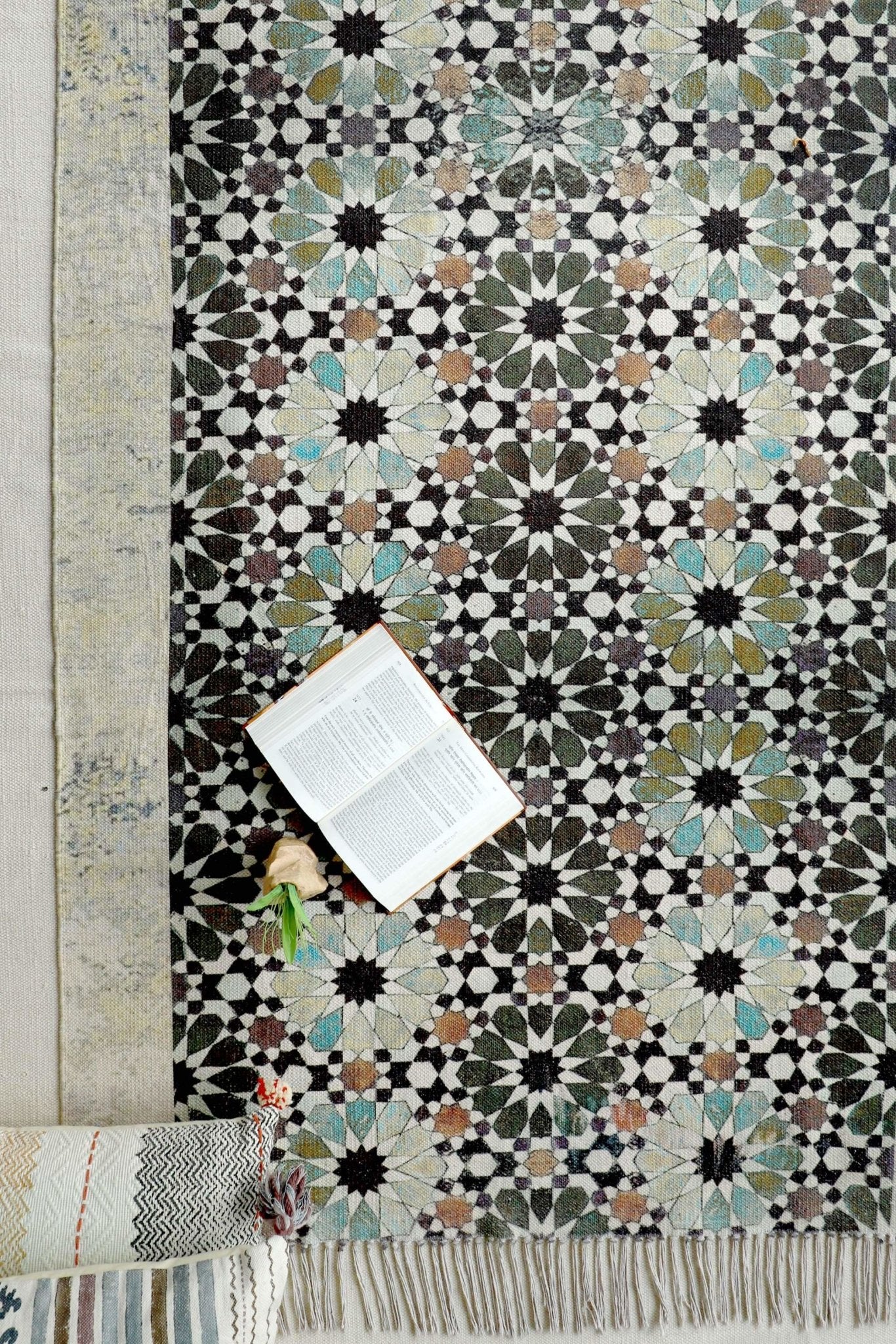 Kolvi block-printed rug — green handmade in Jaipur